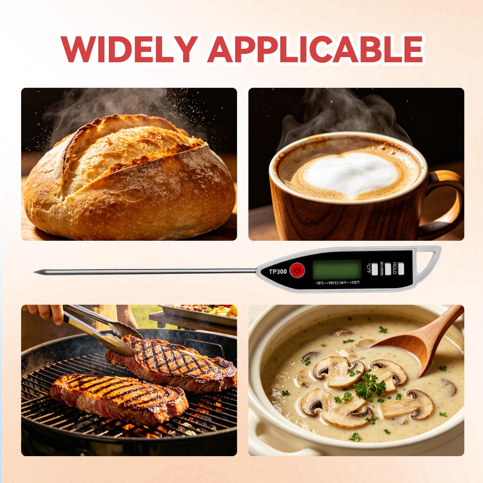 Küchenthermometer, wasserdicht, IPX7, sofortiges Ablesen, mit langer Sonde aus Edelstahl, Digitales Thermometer für Lebensmittel, Fleisch, Flüssigkeit, BBQ, Kerze, Milch, Backen, Umwandlung °C °F