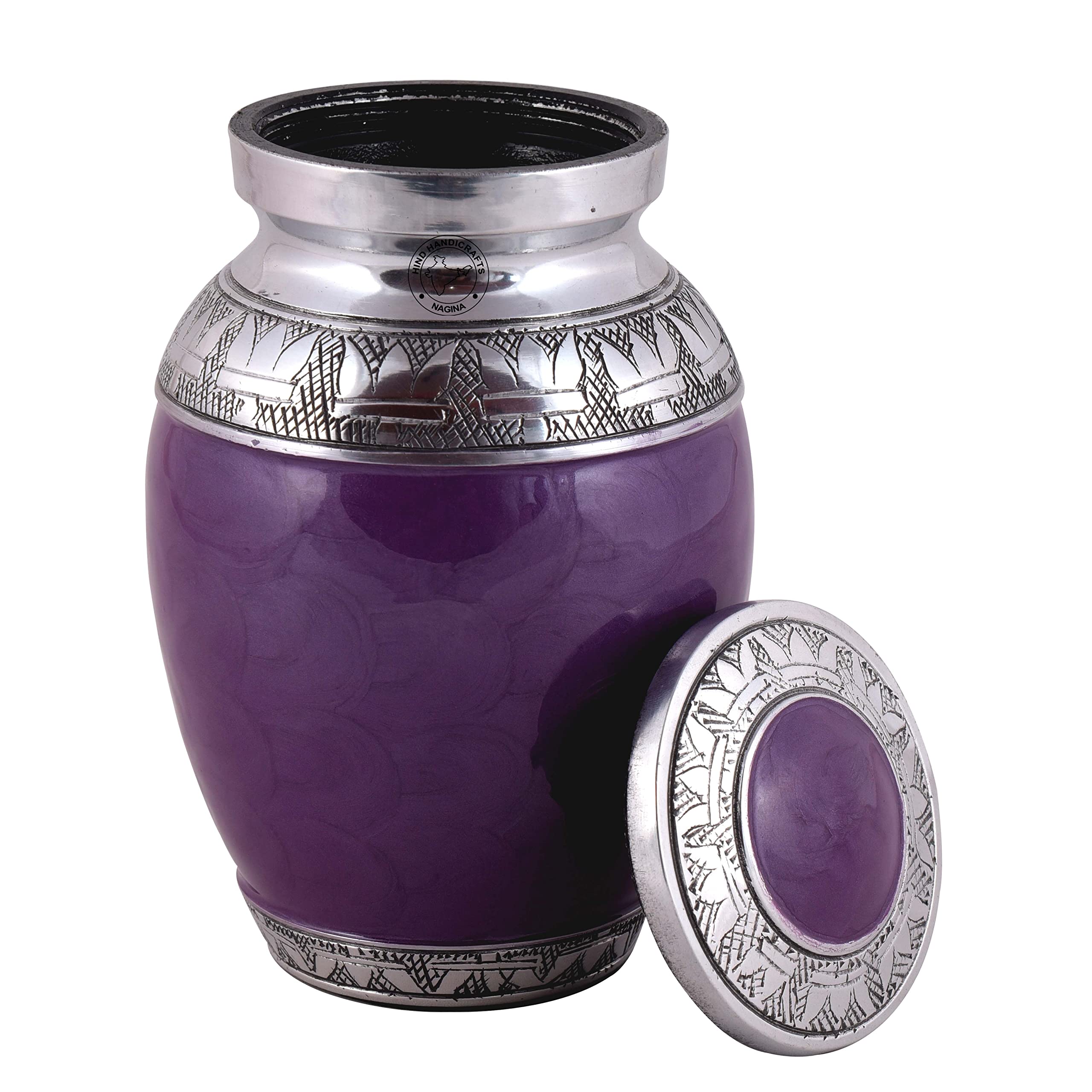 Hind Handicrafts Urna funeraria per ceneri umane in argento incisa, realizzata a mano, grande urna funeraria per ceneri umane, borsa inclusa (17,8 x
