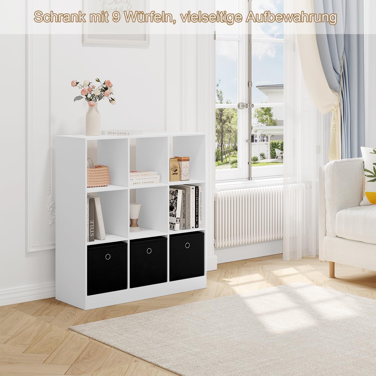 WOLTU Bücherregal Bücherschrank Standregal Würfelregal Aufbewahrungregal Raumteiler Büroregal, mit 9 Fächern 3 Schubladen aus Vliesstoff, für Wohnzimmer Schlafzimmer Büro, Weiß, SK041ws