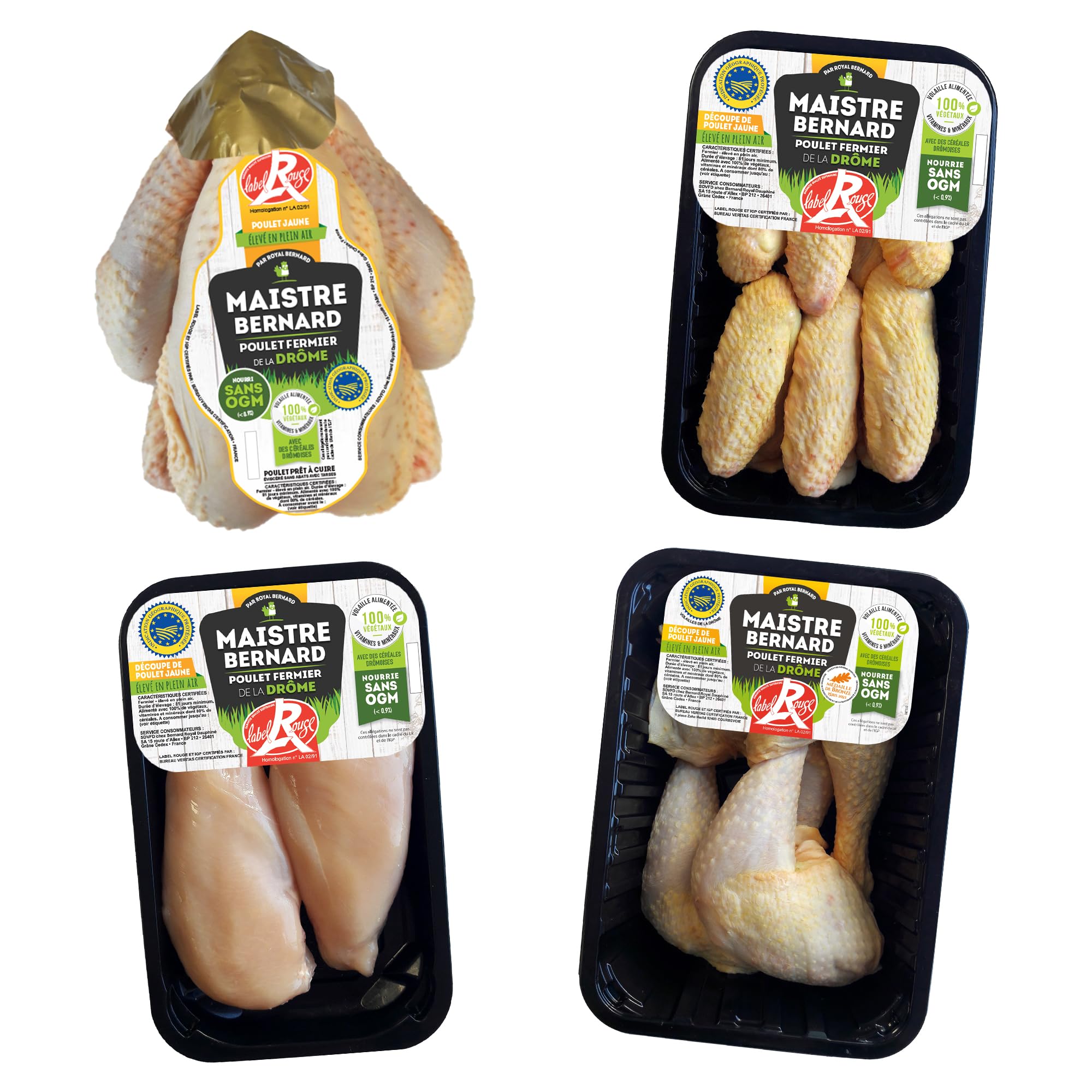 Royal Bernard - Assortiment Label Rouge - Colis de Viande de Poulet Fermier - 4 Produits Régionaux IGP de la Drôme - 1 Poulet Entier + 4 Cuisses + 2 Filets + 6 Ailes de poulet