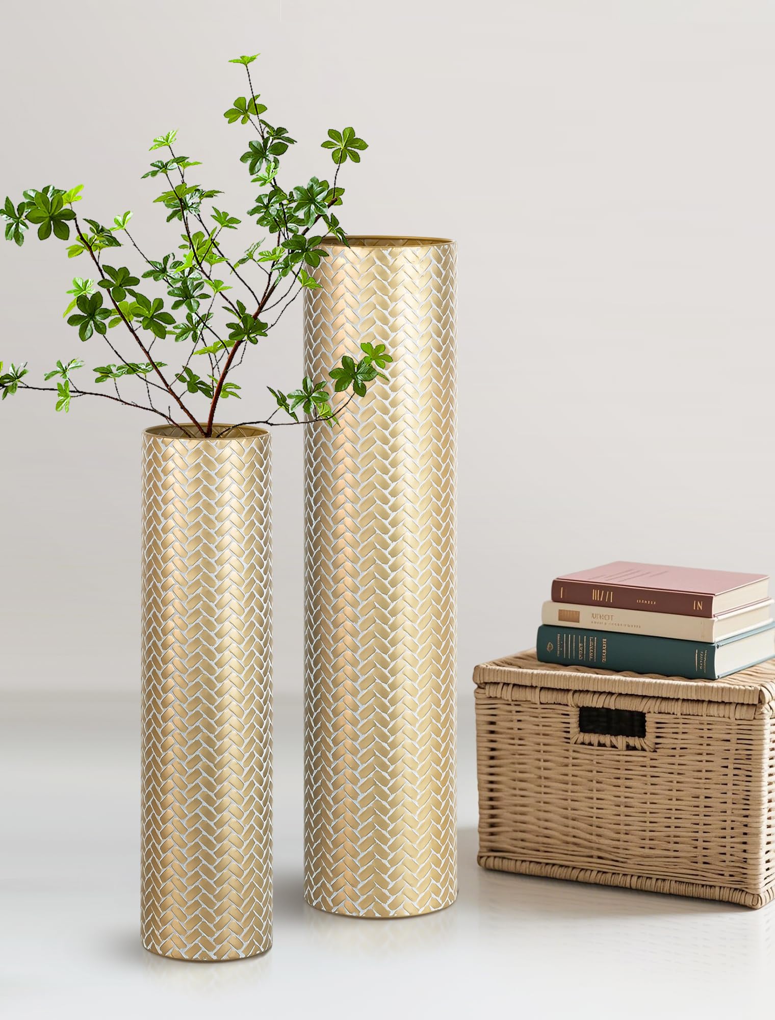 Sziqiqi Vaso da Terra Alto Oro: Vasi Alti Extra Grandi Per Soggiorno 70/55 cm - Metallo Vaso da Pavimento Giganti Alti Set di 2 per Camera da Letto Ufficio Corridoio