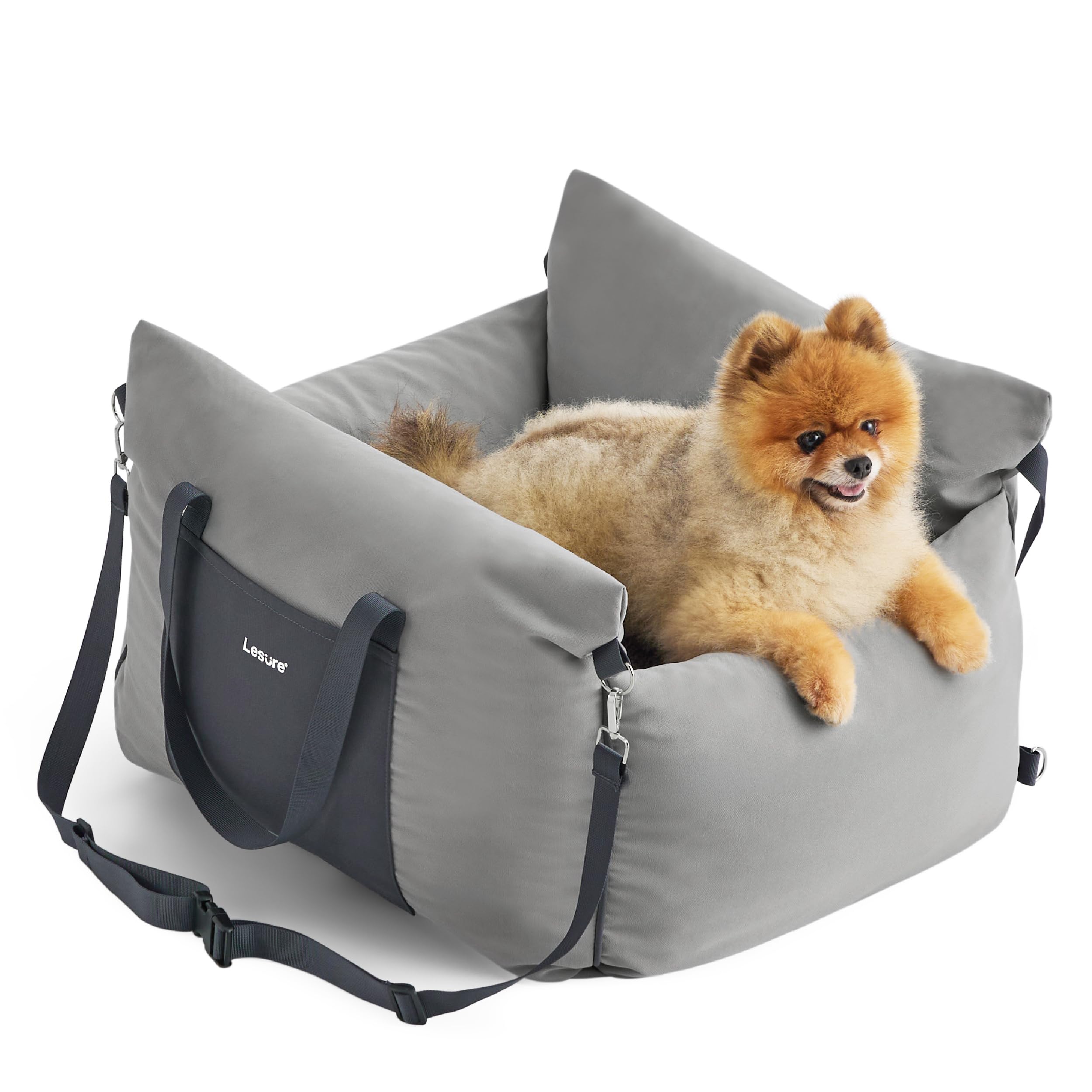 Lesure Small Dog Car Seat for Small Dogs - Soft Dog Booster Seat for Car with Storage Pocket and Clip-On Safety Leash and Thickened Memory Foam Filling, Pet Carseat Travel Carrier Bed, Grey