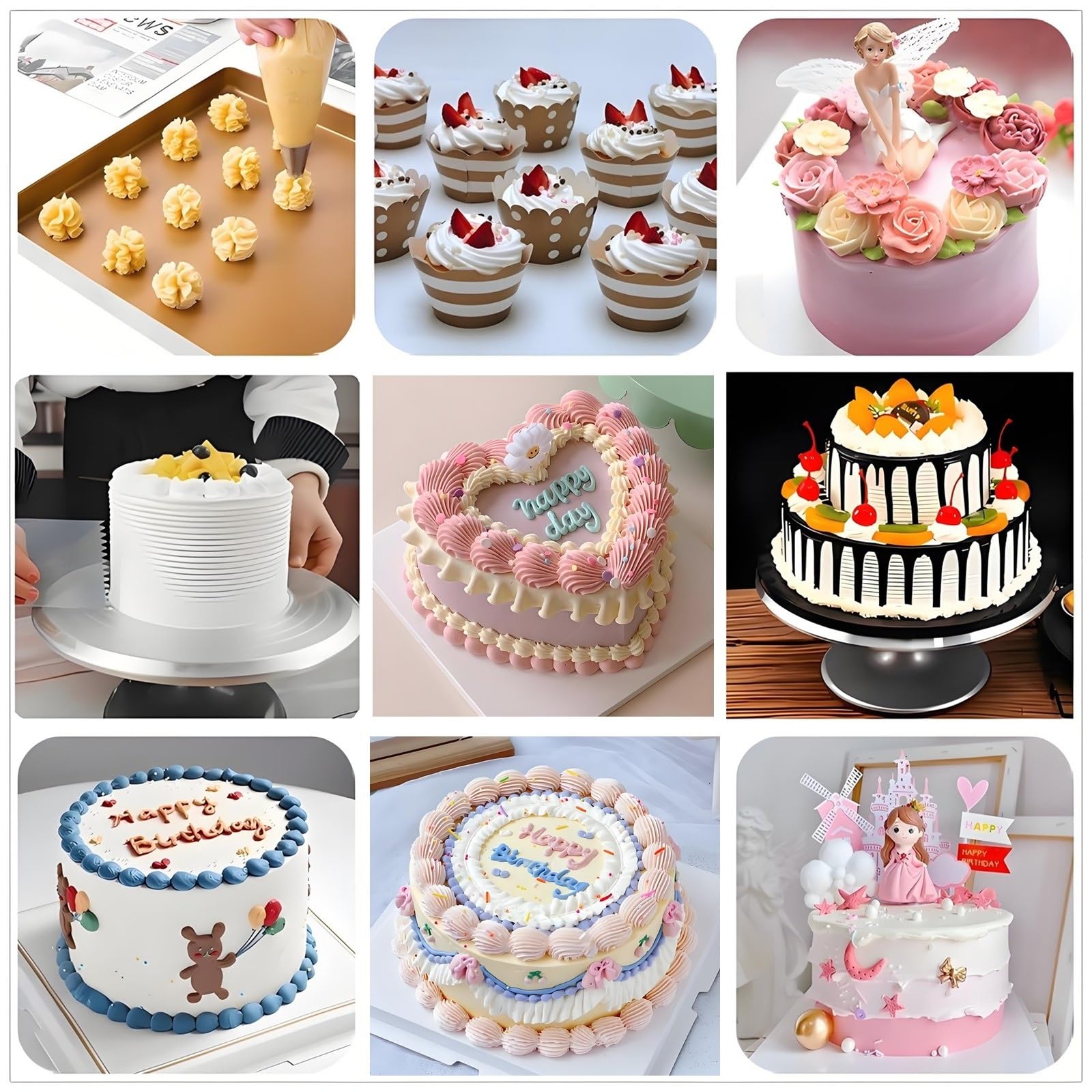 Kit de decoración de pasteles de 92 piezas con plato giratorio y nivelador de aleación de aluminio, 24 puntas de glaseado numeradas, 3 espátulas, 3 raspadores de peine, 2 acopladores, 50 bolsas