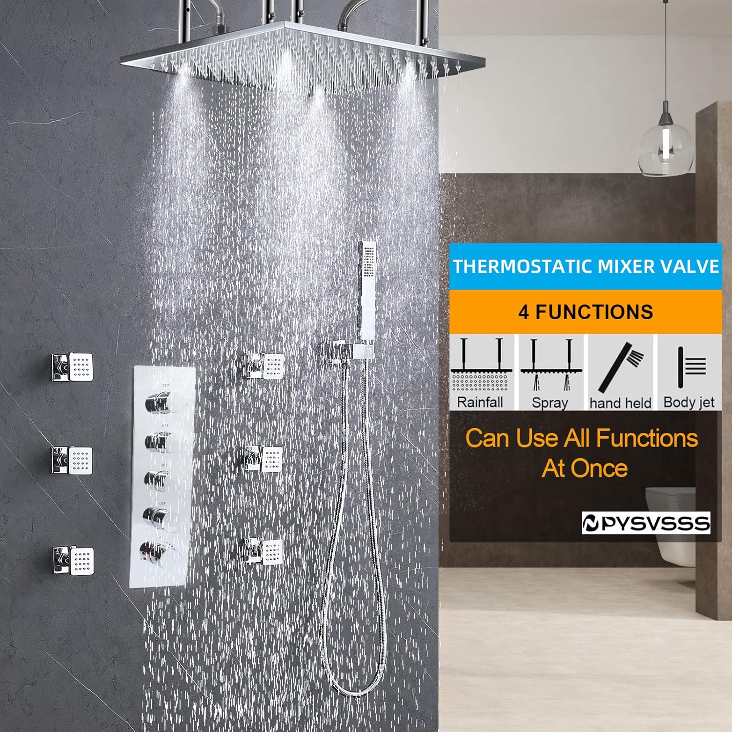 4 Way Thermostatic Shower Mixing Valve, Concealed 4 Function Shower Diverter Brass Valve with 5 Handles, Can Run Together and The Flow Can Be Controlled with Bathroom Shower System, Chrome