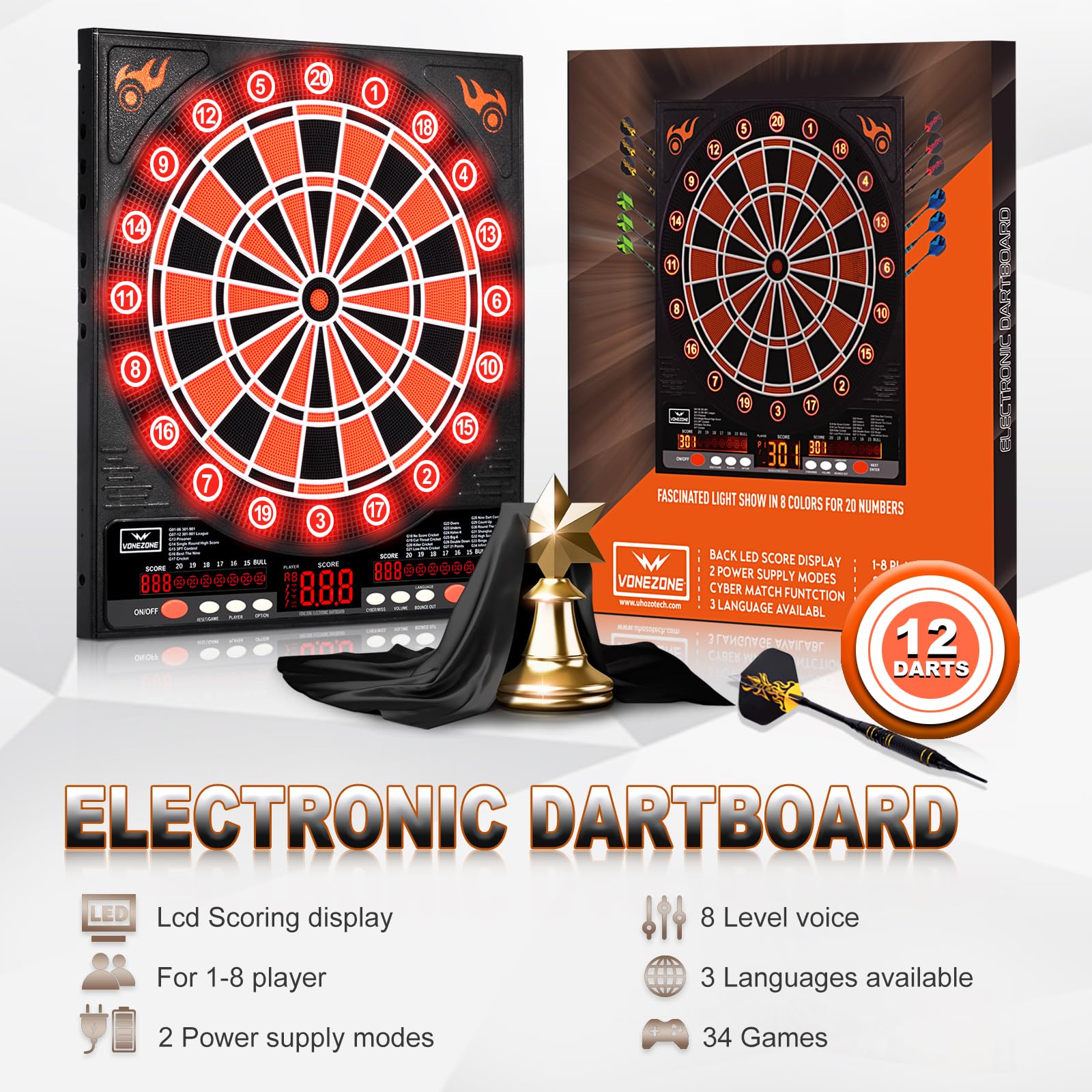 Elektronische Dartscheibe, 12 Darts Weiche Spitze, Digitale Dartscheibe für Erwachsene, 34 Spiele 355 Varianten Auto Scoring, LED Verbesserte Beleuchtete Display Wandhalterung für Home Bar Party