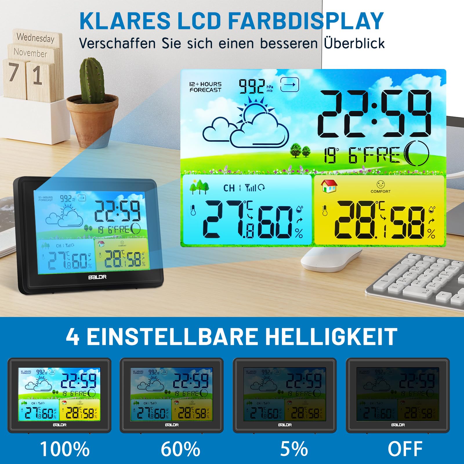 Stazione meteo radio con sensore esterno, temperatura interna ed esterna/umidità dell'aria, stazione meteo wireless con previsioni meteo, barometro e fase lunare, schermo a colori