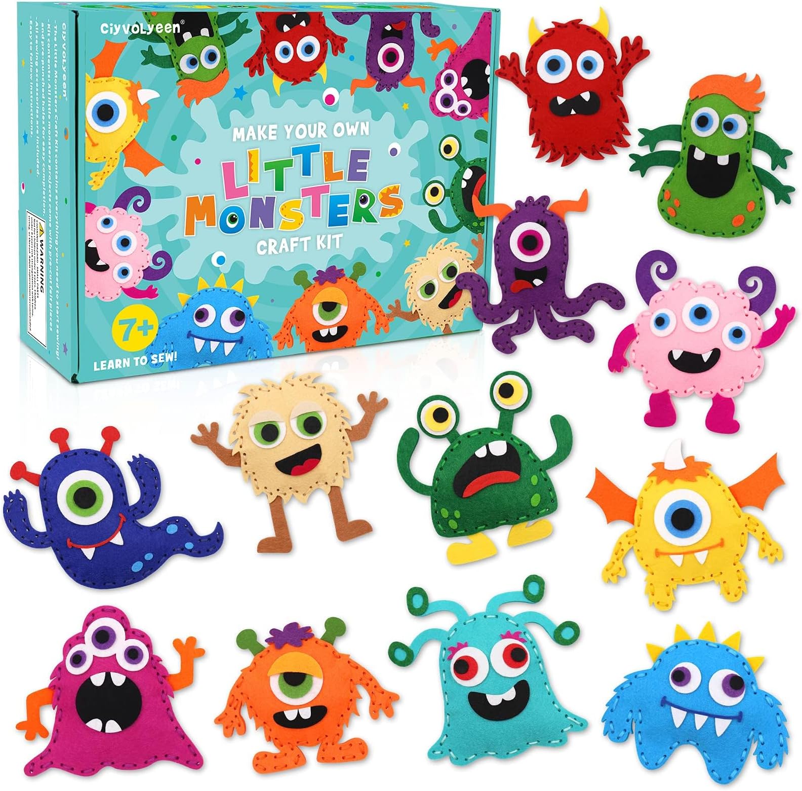 CiyvoLyeen Kids Sewing Kit Crafts– Little Monsters Felt Plush DIY Craft Adopt A Monster Educational Sewing Set for Kids Beginner Craft Kit Set of 12