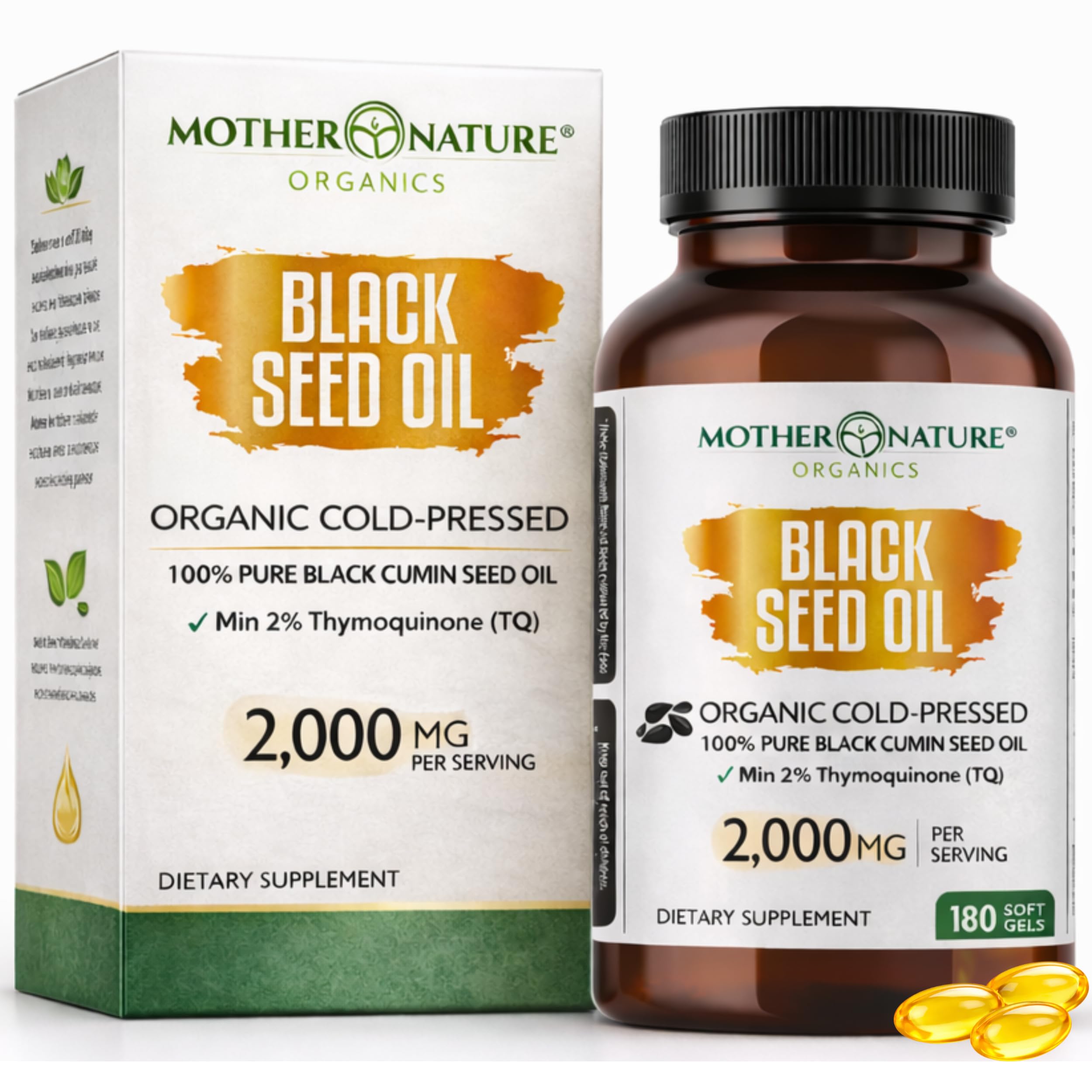 Mother Nature - Organic Black Seed Oil Capsules, 3 Month Supply, Cold Pressed, High TQ, 100% Turkish, Black Cumin Nigella Sativa Oil for Immune Support, Joint, Digestive Health,1000mg Capsule, 180ct