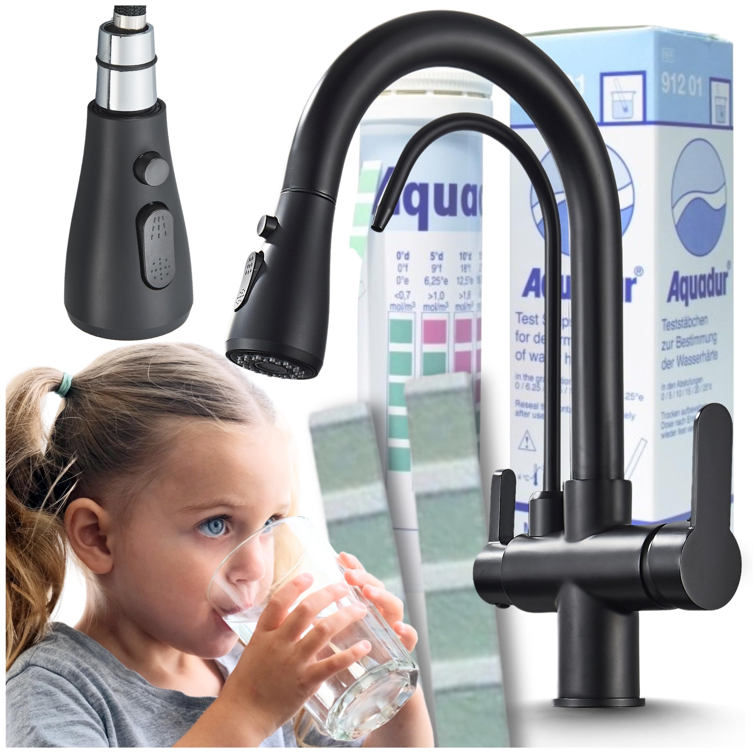 Grifo de cocina de 3 vías Nordic con conexión para filtro de agua, manguera extraíble, giratorio 360°, vías de agua separadas, 2 tipos de chorro, cartucho de cerámica, negro mate