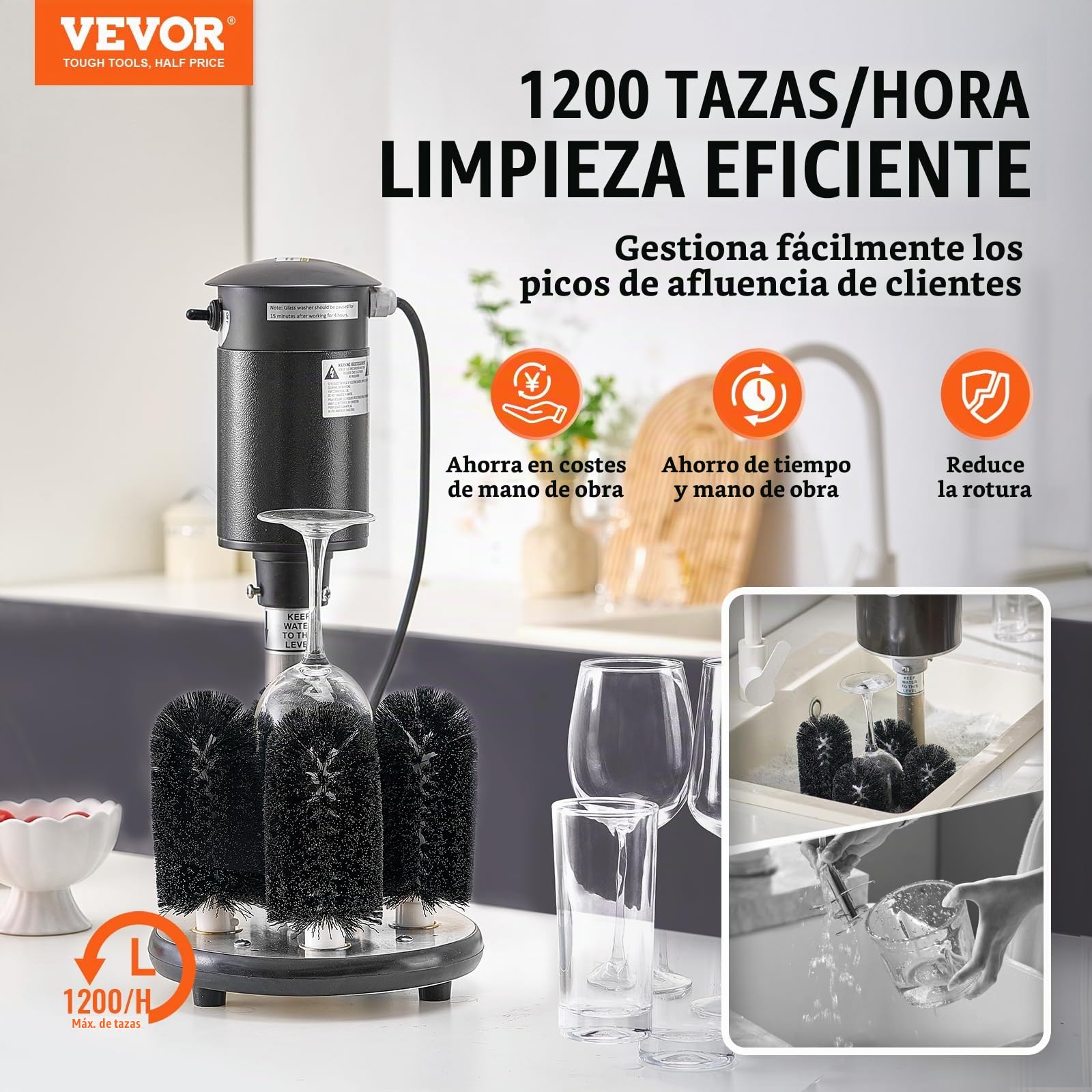 VEVOR Lavadora de Vasos Eléctrica Comercial Limpiador de Vasos con Barra de 5 Cepillos Máquina de Limpieza de Copas de Vino 1200 tazas/hora Lavadora para Copas de Champán para Bares Cafeterías