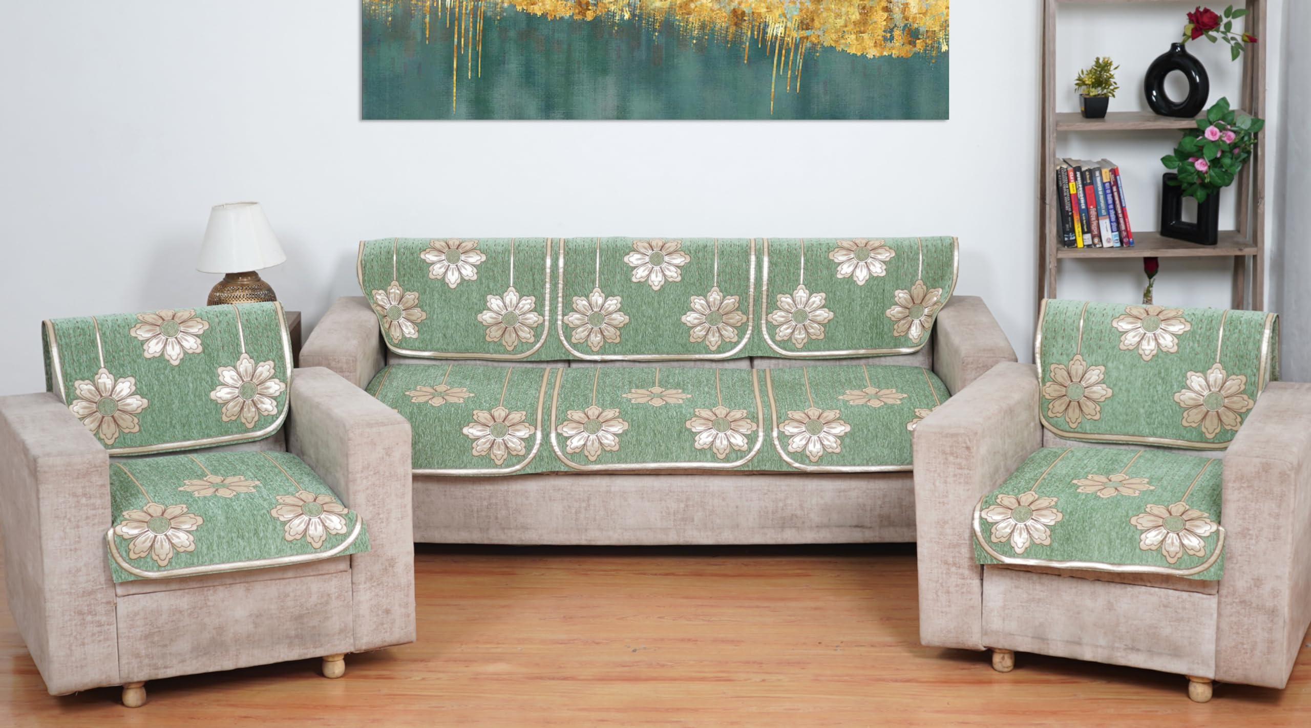 MORADO Chenille 5 Seater Sofa Set for Living Room, Drawing Room and Offce (3 Sitting Sofa Cover + 1 Sitting Sofa Cover + 1 Sitting Sofa Cover) - Light Green-image-34