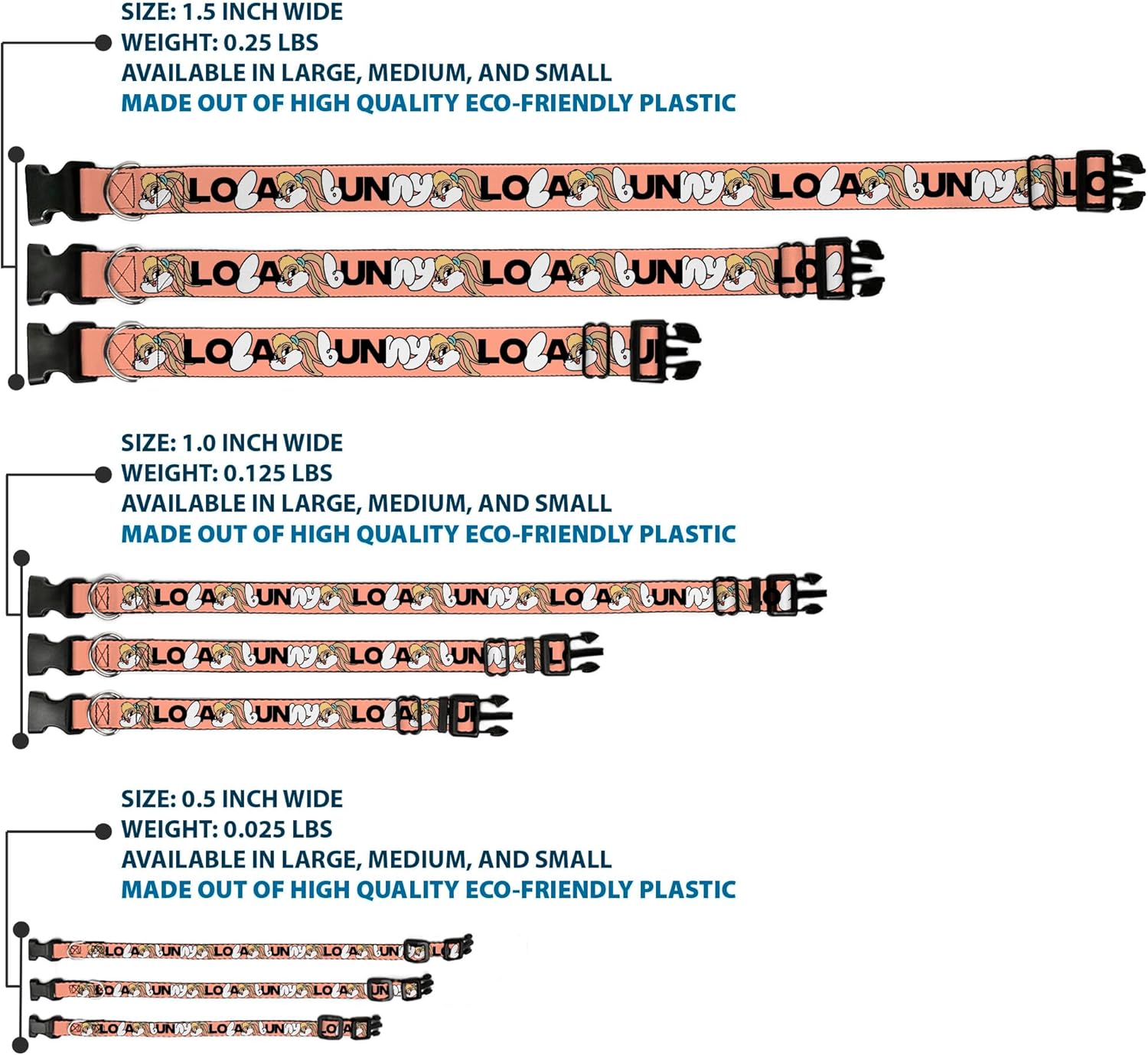 Looney Tunes Pet Collar, Dog Collar Plastic Buckle, Lola Bunny Smiling Face Text Peach, 20 to 31 Inches 1.5 Inch Wide