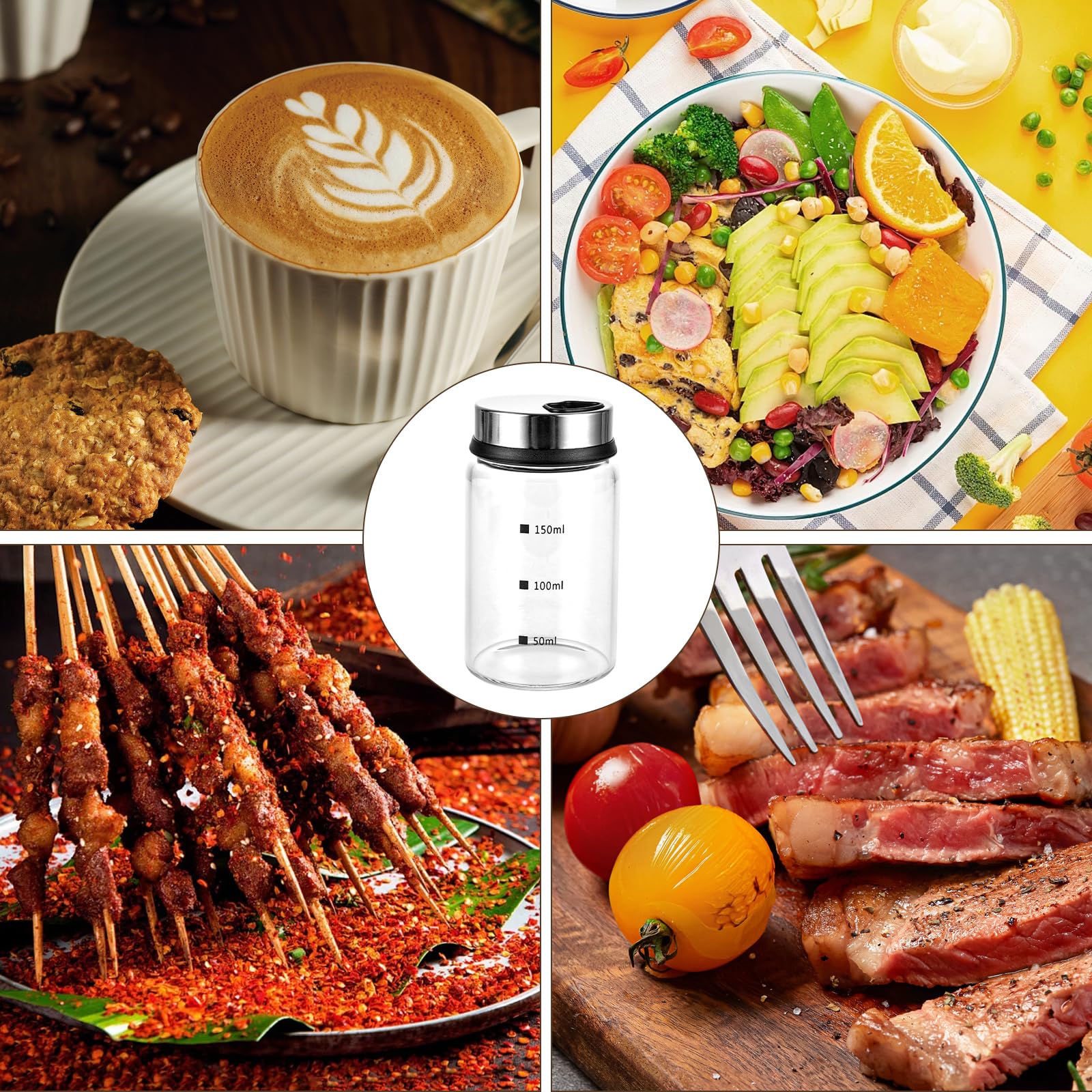 4 barattoli per spezie con coperchio girevole, 150 ml, saliera e pepe, contenitori per spezie con fori per spezie, in vetro borosilicato per cucina, grigliate all'aperto, cucina