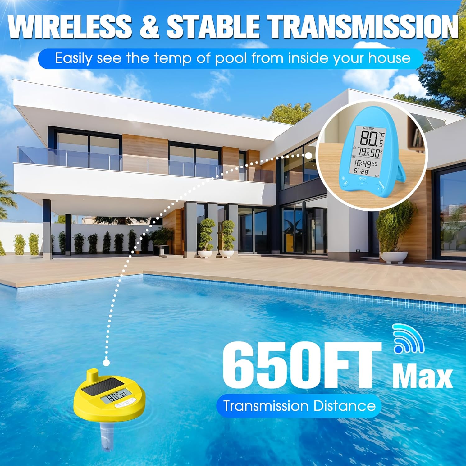 FirstE Solar Wireless Pool Thermometer with Dynamic Light Show | Backlit Display Floating Pool Thermometer - Easy Read at Night | 650FT Wireless Transmission Water Temperature Monitor for Spa-Yellow