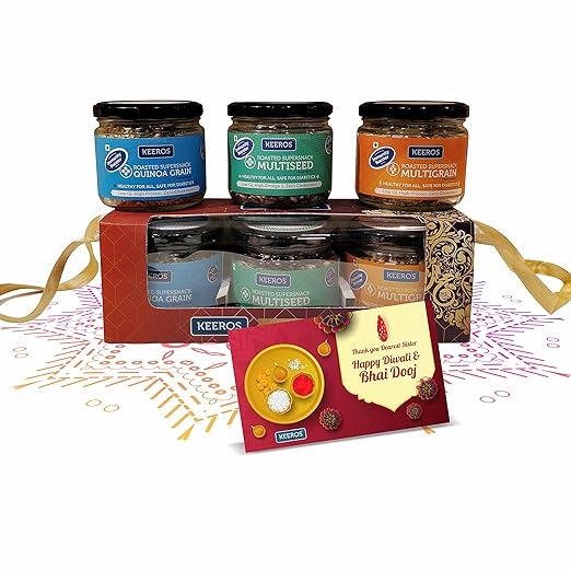 Keeros Healthy Bhai Dooj Return Gift Hamper for your Sister with Thank you Card: Combo of Sweet & Salted, Tasty & Nutritious SuperSnacks in Beautiful Glass Jars Packed in a Premium Gift Box for Sister