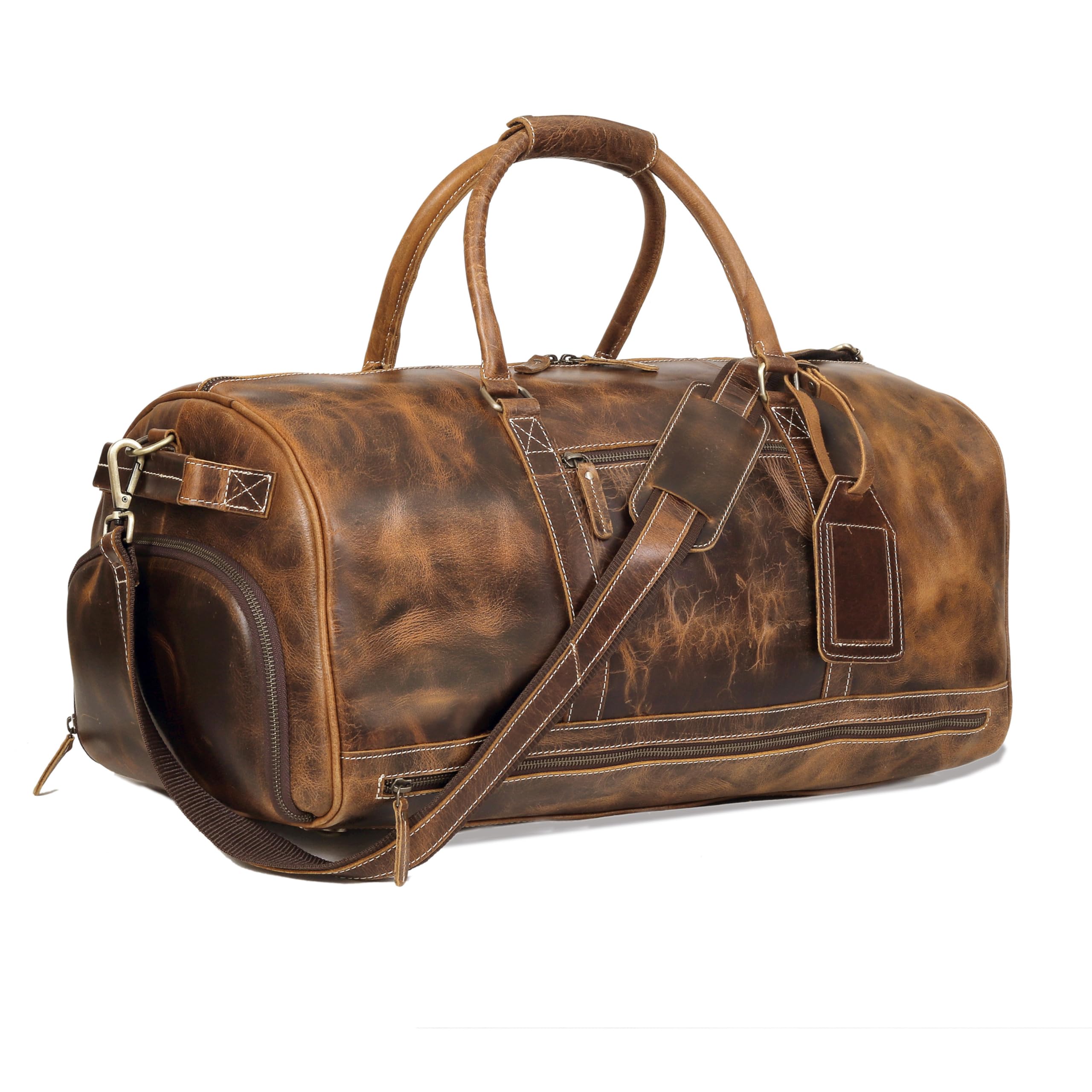 Vintage Leather Duffle Travel Duffel with Shoe Compartment Weekender Overnight Bag Carry on Duffel Bag for Men and