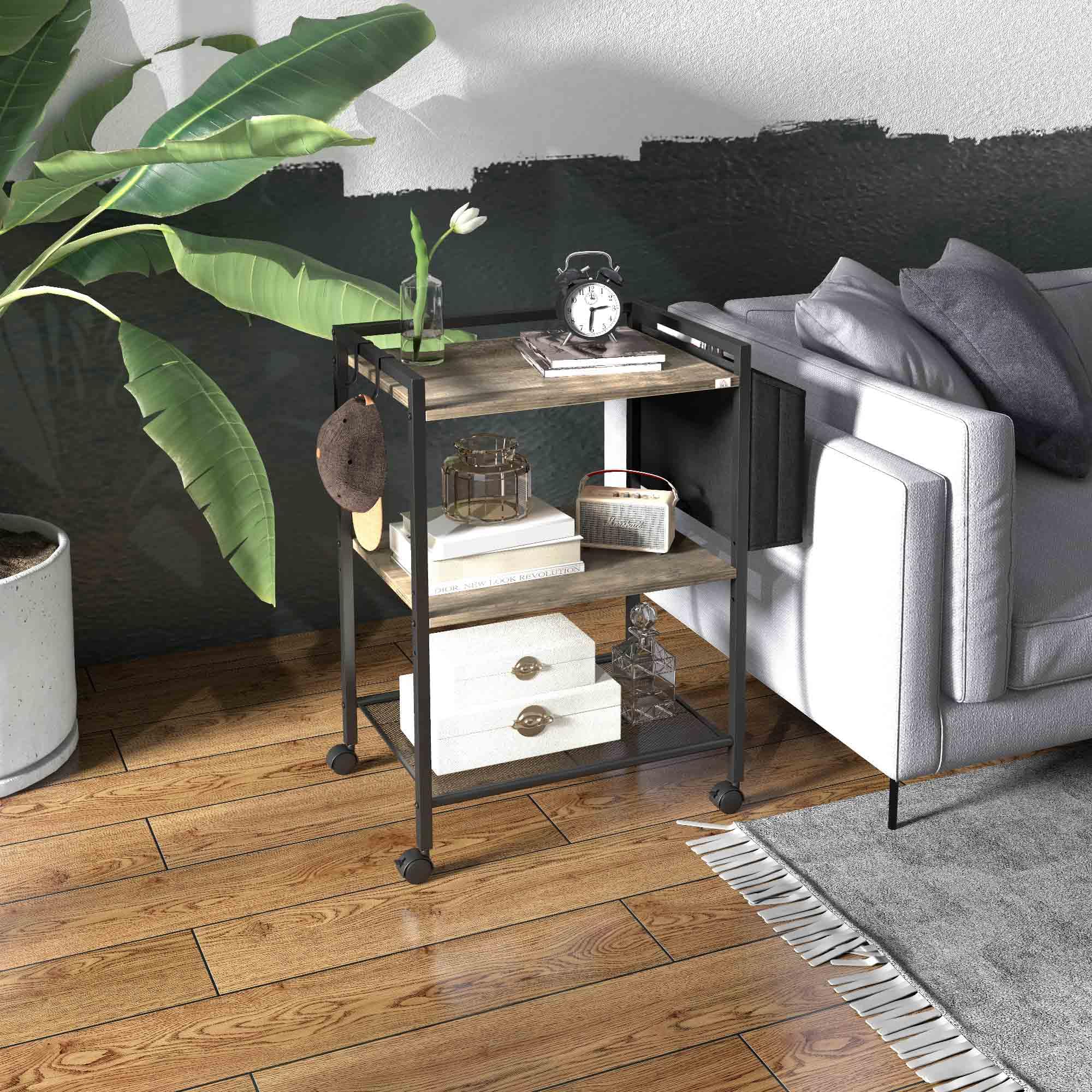 HOMCOM Carrito Auxiliar con Ruedas Carrito de Almacenamiento de 3 Niveles con Bolsa de Tela 2 Ganchos y Marco de Acero para Salón Cocina Comedor 66x40x80,5 cm Gris