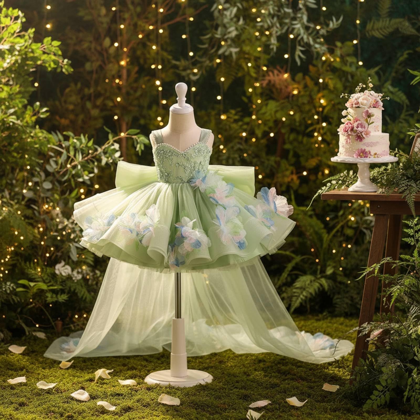 F Fityle Vestido de Fiesta para Niña Vestido Traje Gala con Gran Lazo Posterior Aplicaciones Florales y de Tul Ligero Adecuado para Bodas Comuniones Desfiles Sesiones de Fotos