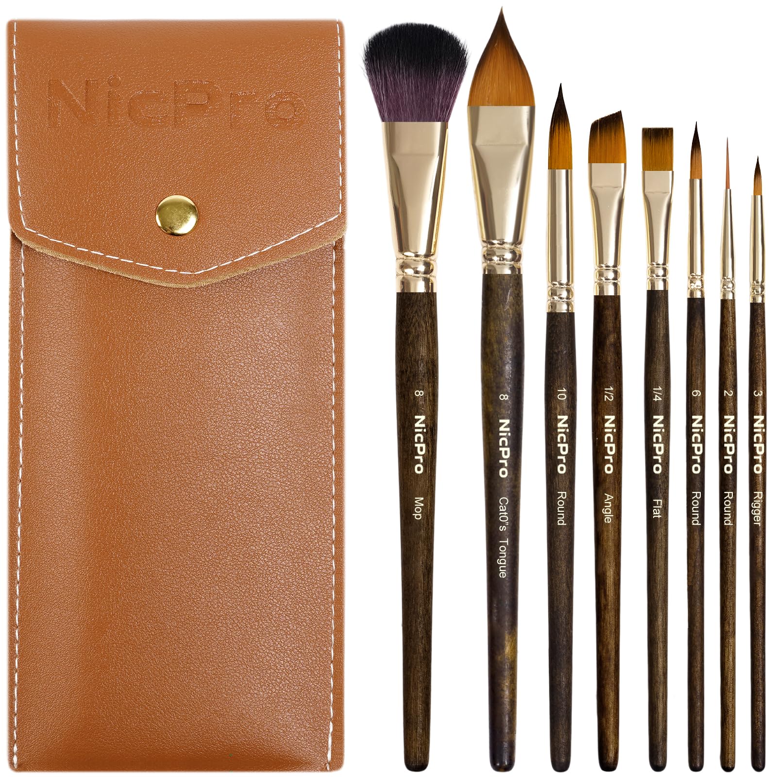 Nicpro Watercolor Paint Brushes Set, 8Pcs Kolinsky Sable Performance Paint Brush for Artist with Flat, Round, Angle, Mop, Rigger, Cats Tongue for Water Color, Gouache, Ink Painting