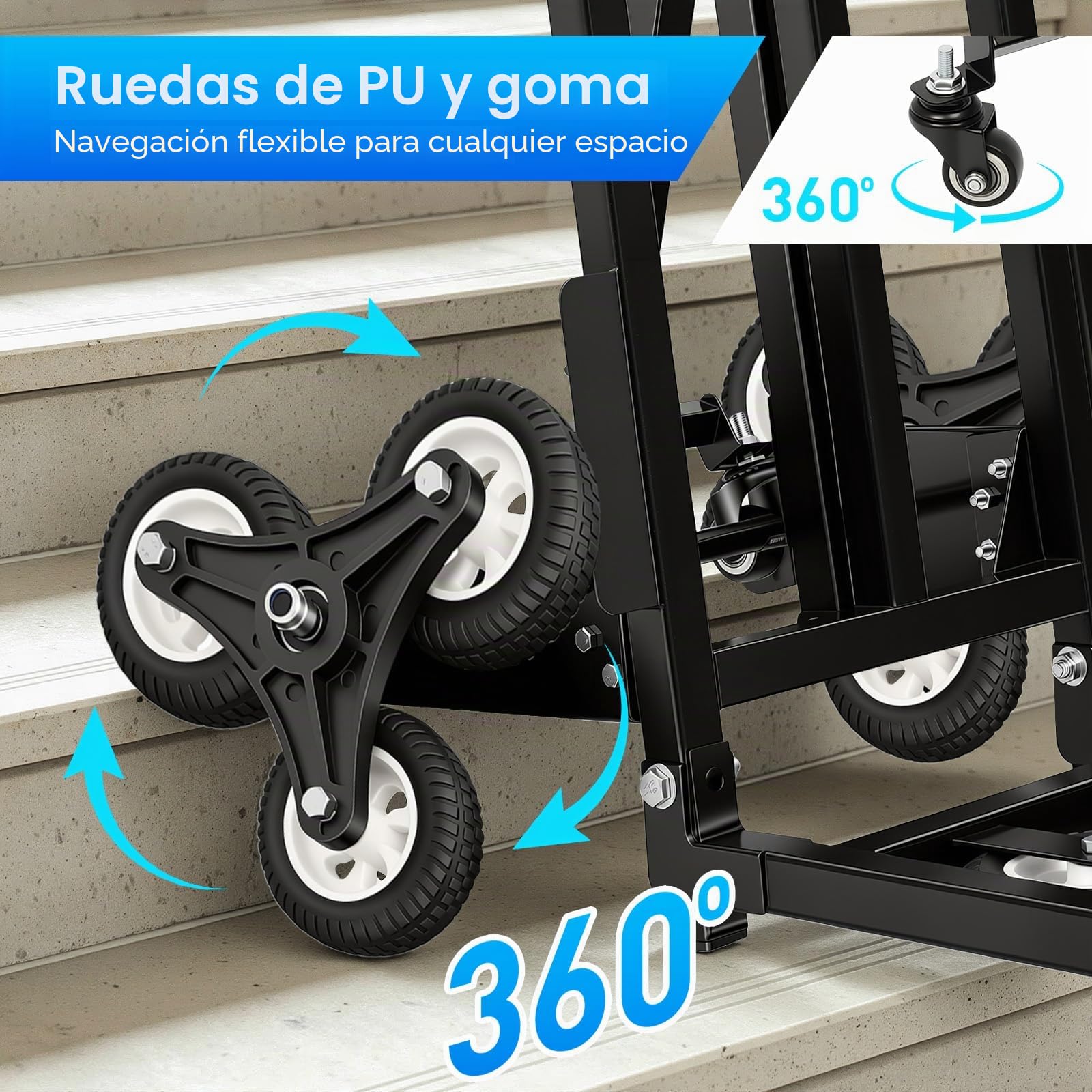 Carretilla plegable para cargas pesadas, 150 kg, 3 ruedas, con 2 neumáticos de repuesto, altura ajustable, 73-114 cm