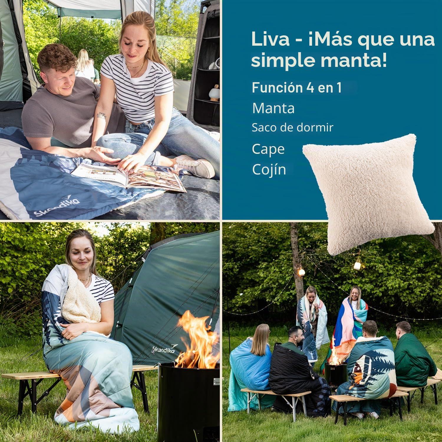 Skandika Manta de Camping para Exteriores Liva | 4 en 1, 200 x 135 cm, Colcha, Saco de Dormir, Almohada, con Parte Inferior de Piel de Borreguito o Nailon
