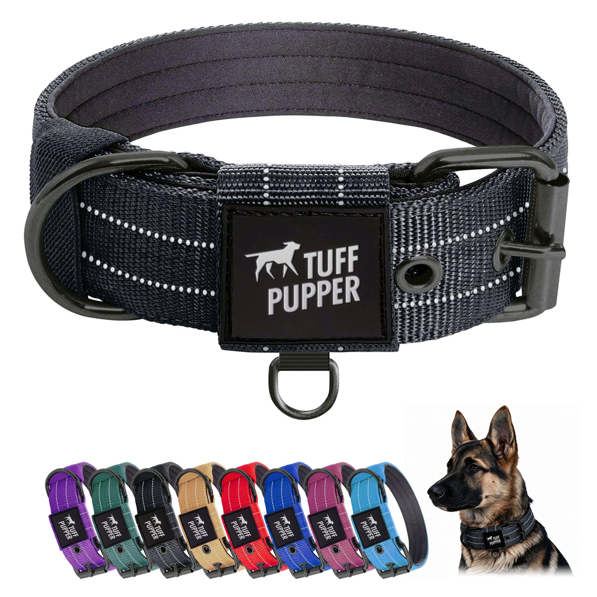 Tuff Pupper Heavy Duty Tactical Dog Collar | 1.5" Wide Ballistic Nylon | Reflective Stitching | Integrated ID Tag Holder | Stainless Steel Buckle | Padded Lining | Medium &amp; Large Dogs (Black, Large)