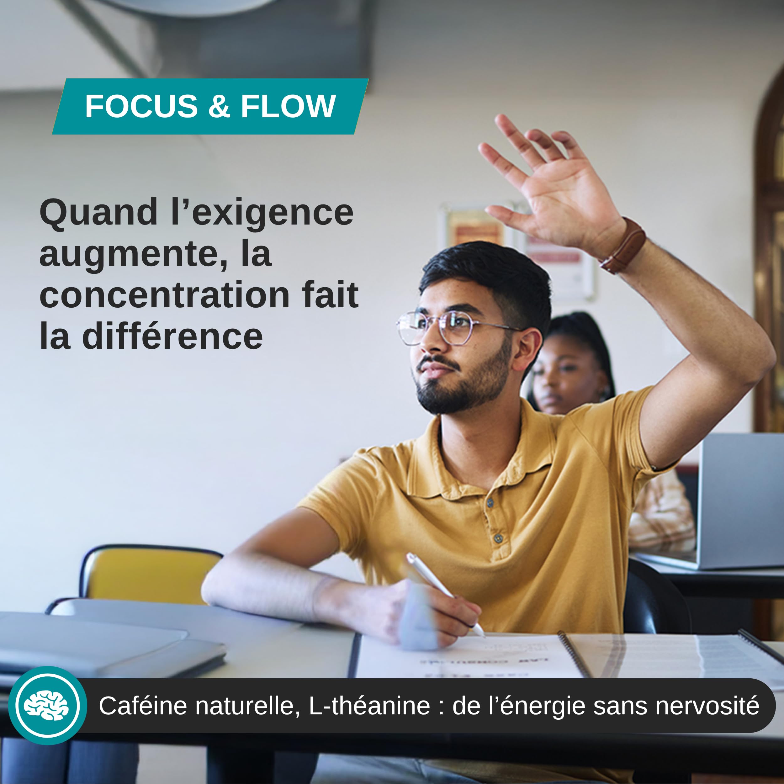L-Théanine, Ginkgo Biloba, Ashwagandha – Nootropique avec Bacopa Monnieri, caféine naturelle, vitamines B6 & B12 fortement dosées | Focus, concentration & énergie sans nervosité | 90 gélules véganes