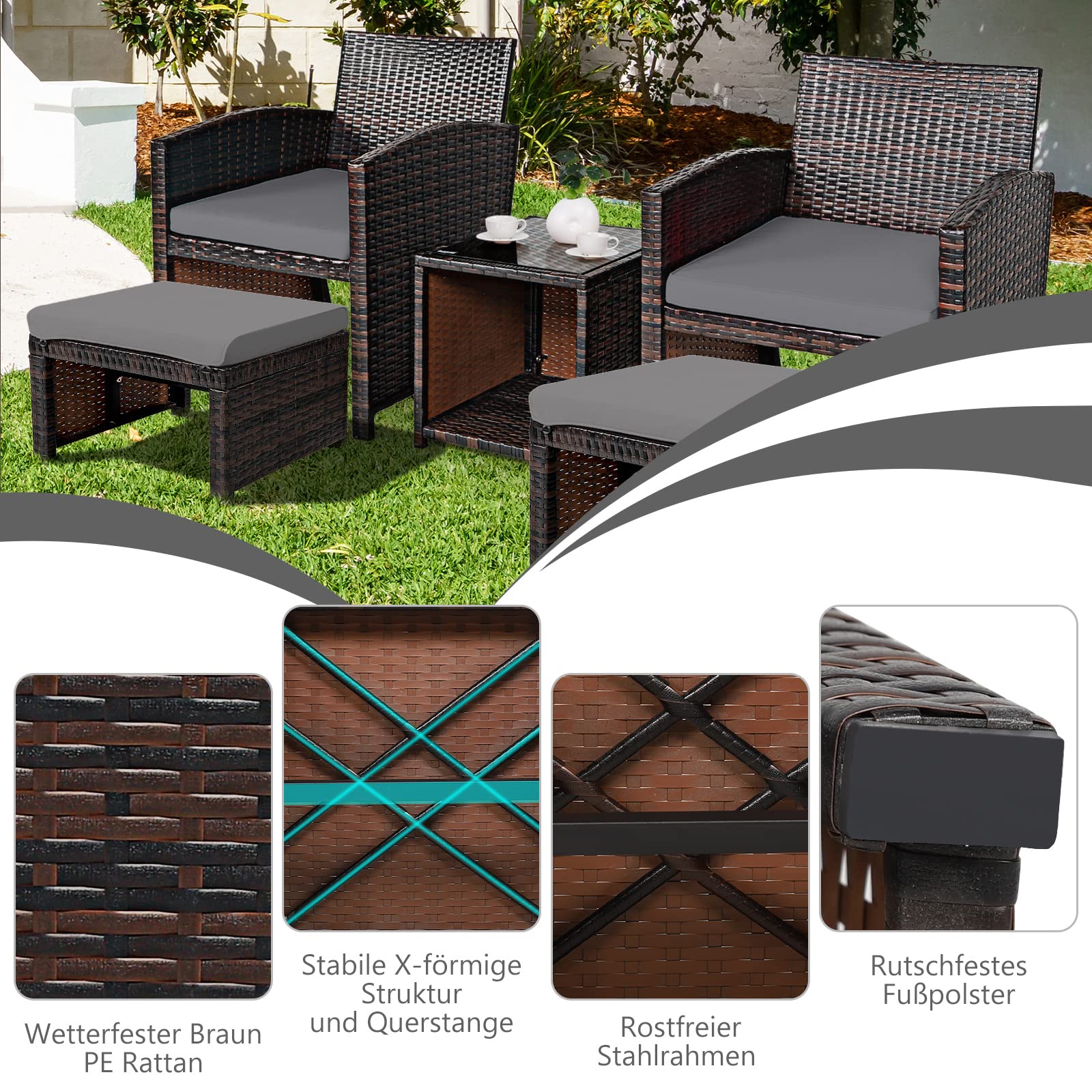 GOPLUS Mobiliario de jardín de 5 piezas, de ratán sintético, conjunto de muebles de jardín compuesto por 1 mesa, 2 sillas y 2 otomanas, cojines con funda extraíble y lavable, bar, terraza (gris)