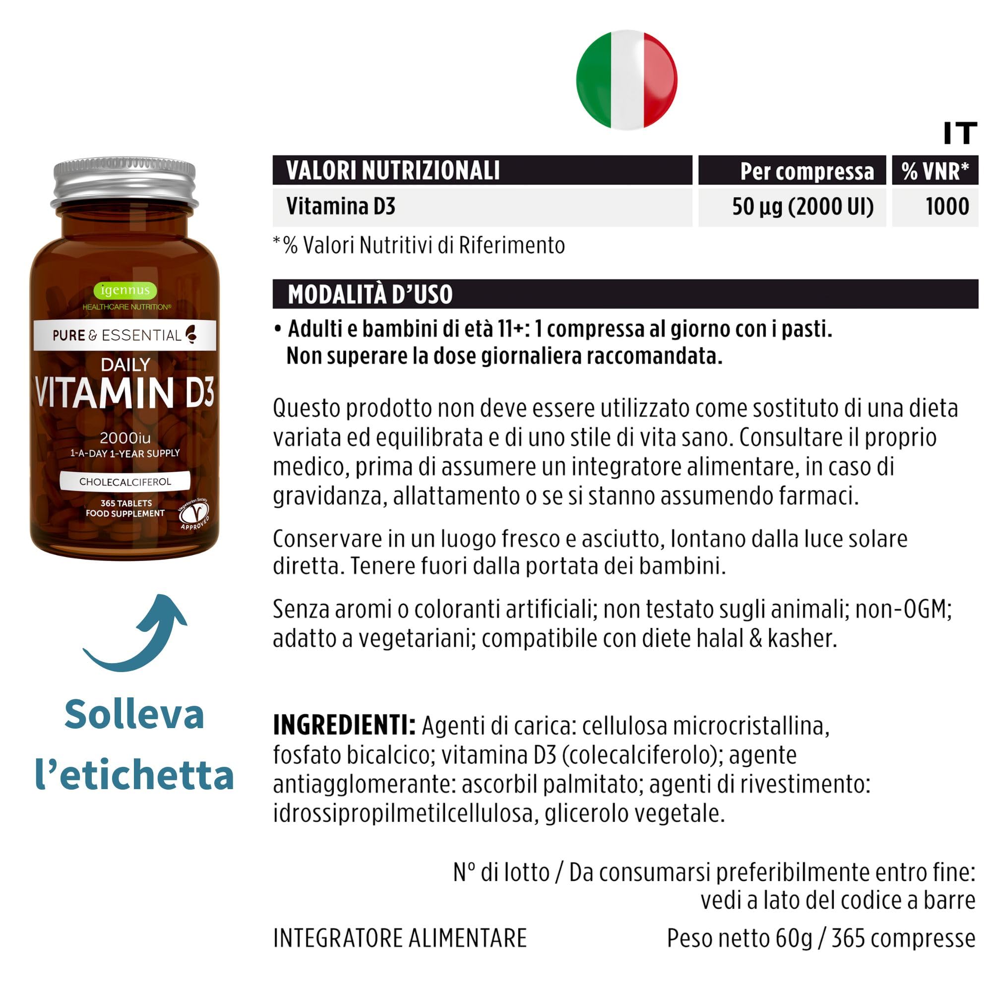 Igennus Vitamina D3 2000 UI (50 μg), 365 Compresse Scorta per 1 Anno, Vitamina D Pura, Integratore D3 Vegetariano, Colecalciferolo, Formula Pulita, Difese Immunitarie, Ossa, Denti e Muscoli