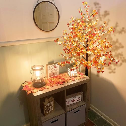 Miniatura 2 de Agusbagli Árbol de eucalipto iluminado con 240 luces LED de 6 pies, árbol de otoño artificial con 575 hojas, temporizador, 8 modos de luces,
