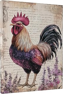 Vintage Rooster Canvas Wall Art, Violet Brown Rustic Chicken Poster Prints, Farmhouse Home Decor for Kitchen, Dining Room, Unframed 12x16 Inch