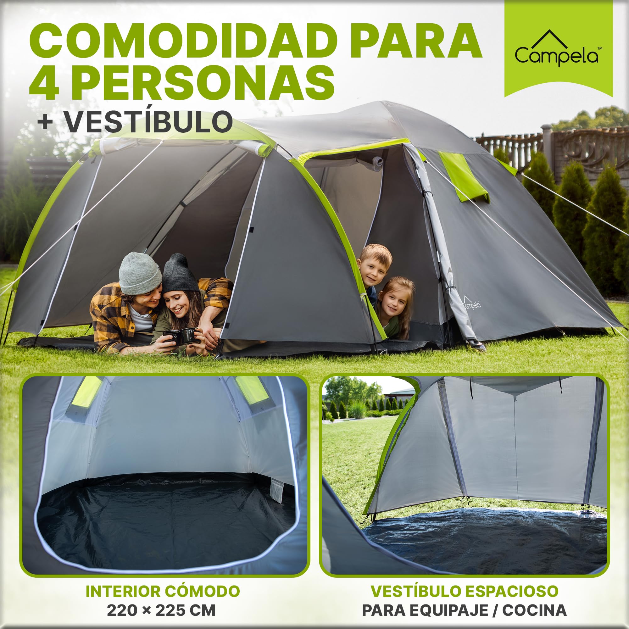 Tienda de Campaña, Tienda campaña Familiar - Tienda de campaña 4 Personas, Modelo Tropical-4", Impermeable 3000m, Costuras Selladas, CA0013