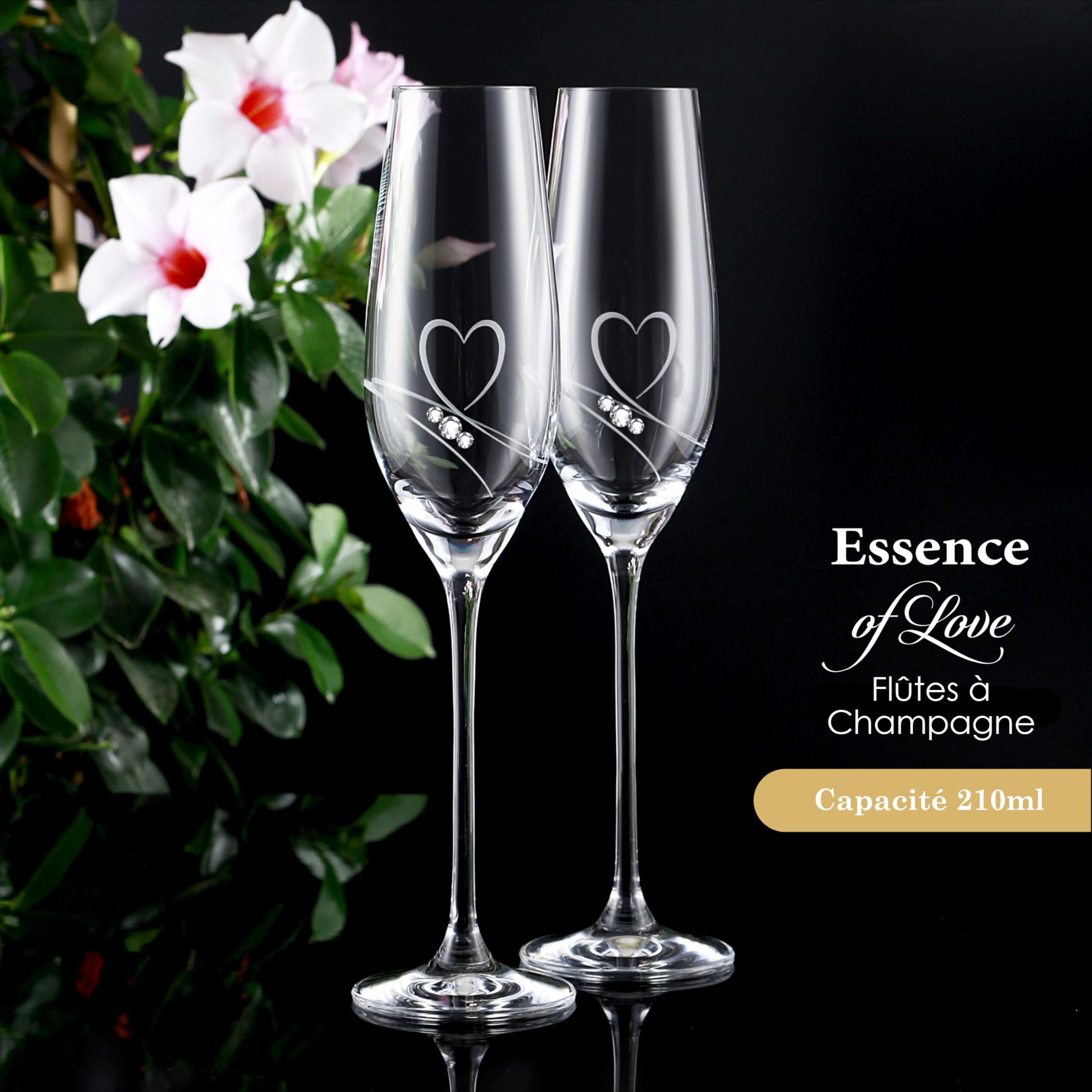 Essence of Love Lot de 2 flûtes à champagne modernes, élégantes, sans plomb, avec cœur gravé et détails en cristal de qualité supérieure, fabriqués à la main en UE, 210 ml