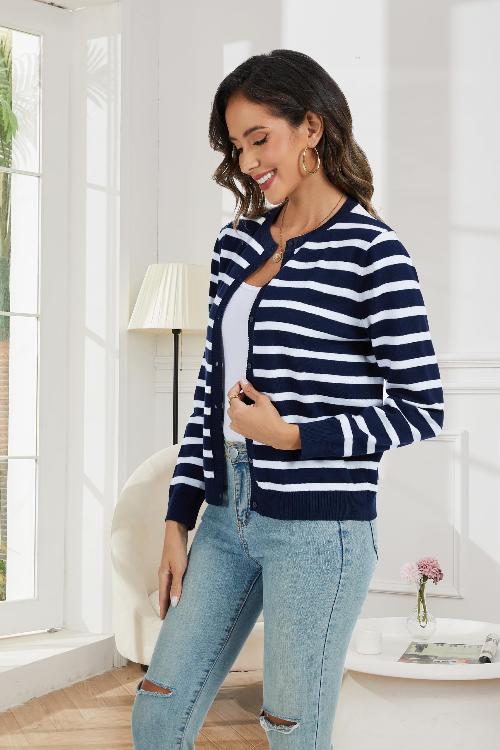 CUNYI Cardigan Donna Maglia con Bottoni Girocollo Classico Manica Lunga Giacca Cappotto Elegante, Blu Navy e Bianco S