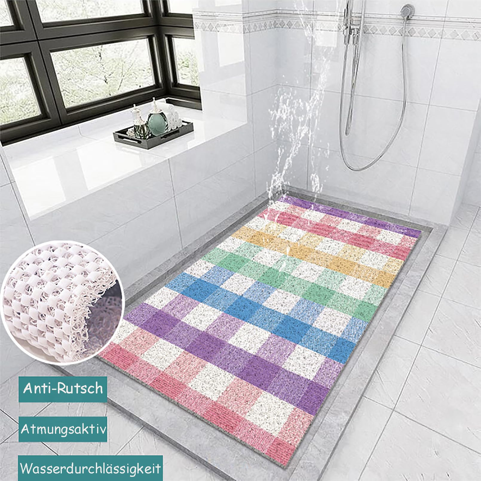 Tappetino da doccia antiscivolo, 40 x 60 cm, morbido e confortevole, tappetino da bagno antiscivolo elegante e lucido in PVC con ganci, alta permeabilità all'acqua