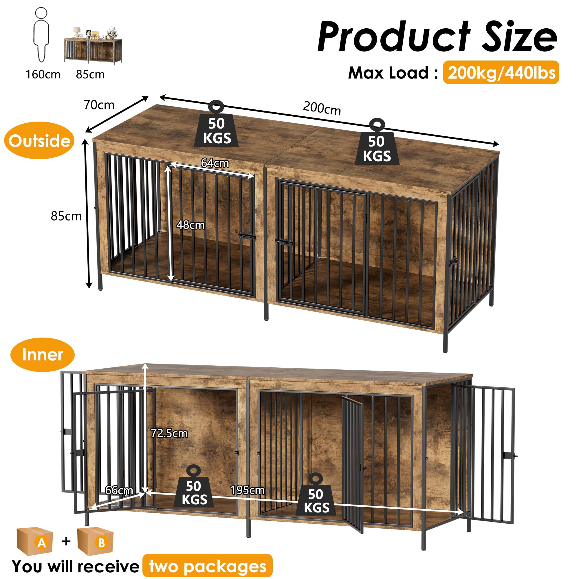 Gabbia per Cani Kennel,200CM Casetta per Cani da Interno,Gabbietta per Animali in Metallo e Legno,Tavolo Supplement,XXL Cuccia Robusta per Dog con Divisorio,Casetta per Animali,4 Porte,Fino a 100KG