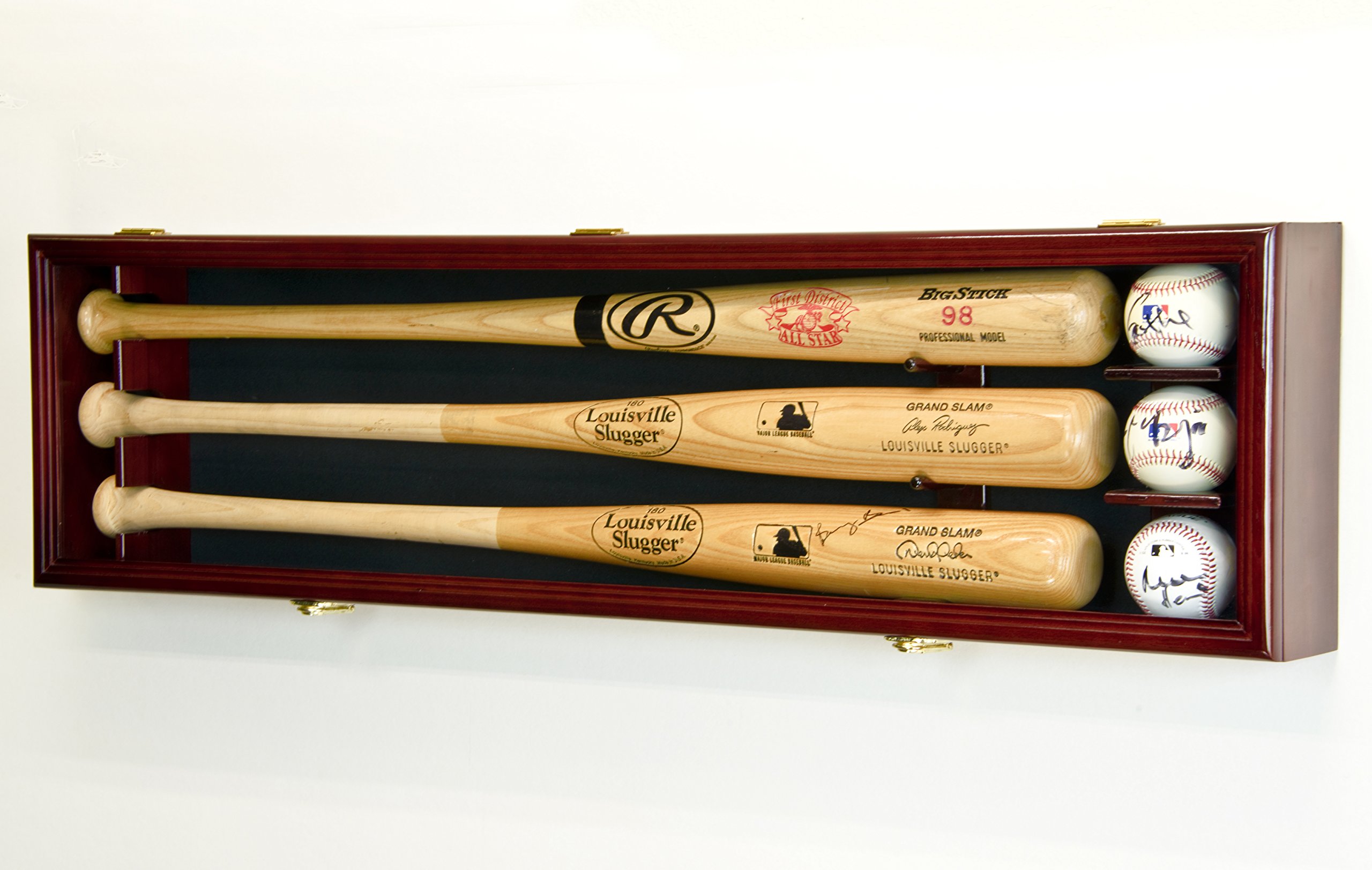3 Baseball Bat Display Case Cabinet Holder Wall Rack Custom Options 98% UV - Lockable (Cherry Wood Finish, Black Felt - Horizontal Mounting)