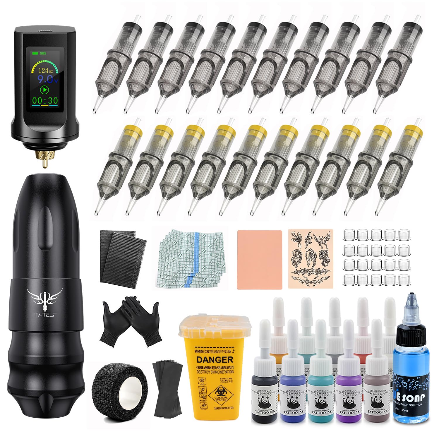 TATELF Kit Máquina Inalámbrica Bolígrafo Giratorio Batería RCA 1900mAh | 20 Agujas Cartucho, 10 Tintas, Accesorios Completos para Principiantes y Artistas Profesionales