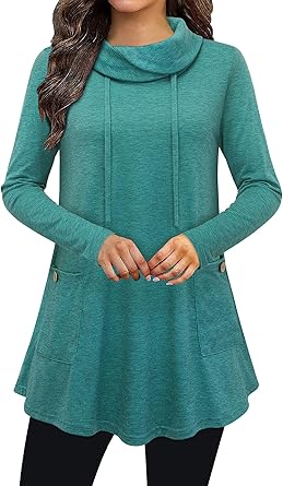 Bulotus Fall Sweaters for Women 2025 Cowl Neck Asymmetrical Long Tunics for Leggings Vacation Travel Tops with Pockets