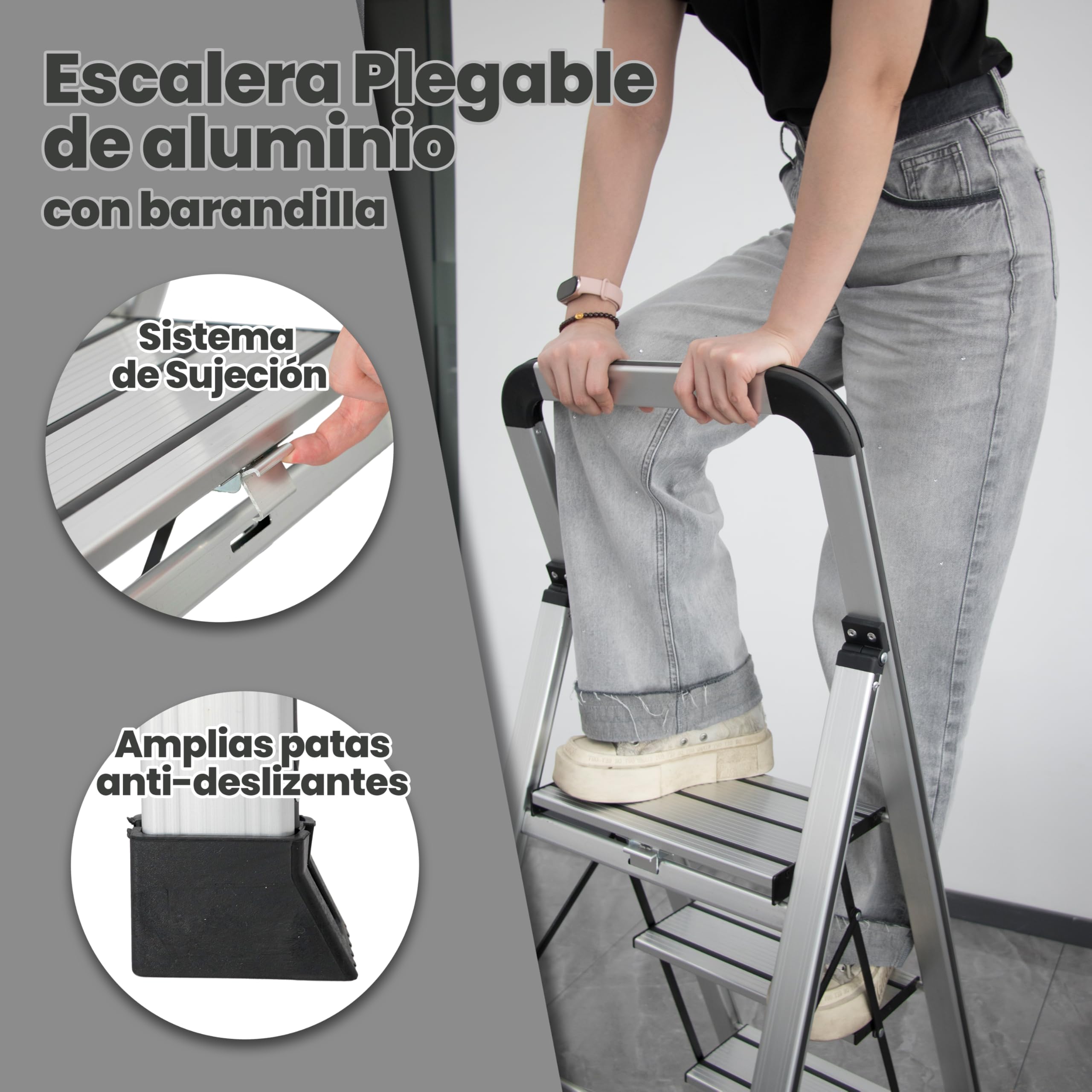 UZIRO Escalera 3 Peldaños, Escaleras Plegables de Aluminio Liviana, Decorativa, Peldaños Anchos Antideslizantes, Mecanismo Antiplegado, Compacta, Fácil de Guardar (3 Peldaños)
