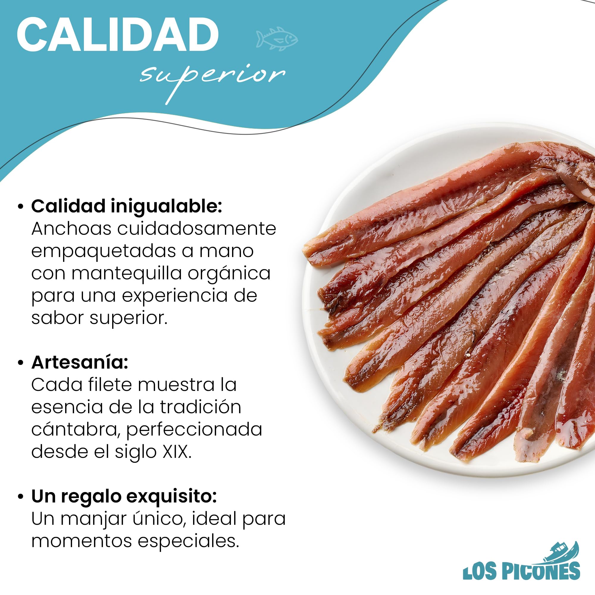 Anchoas Revilla® Anchoas de Santoña en Mantequilla Ecológica I Pack 5 Octavillas (50gr./8-10 lomos) (250gr./40-50 lomos) Anchoas del Cantábrico Gourmet I Conservas y Salazones Gourmet.