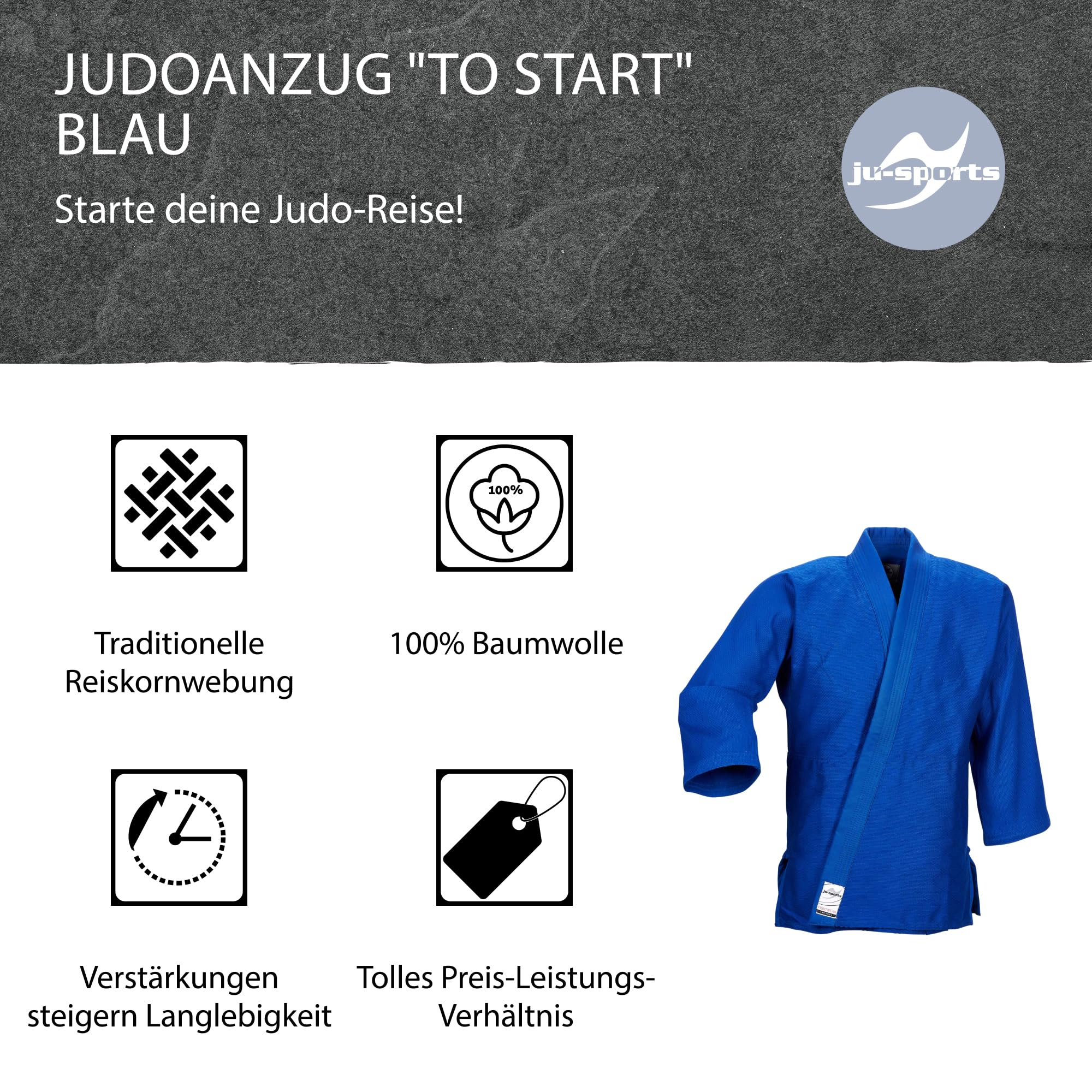 Ju-Sports Judoanzug blau 100% Baumwolle verstärkter Kniebereich Erwachsene Kinder