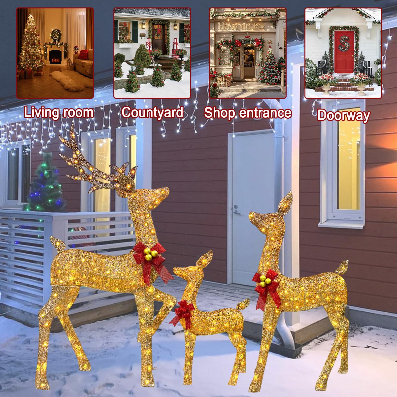 Lot de 3 grandes familles de cerfs de Noël lumineux 3D avec 220 lumières LED, prise - Doré