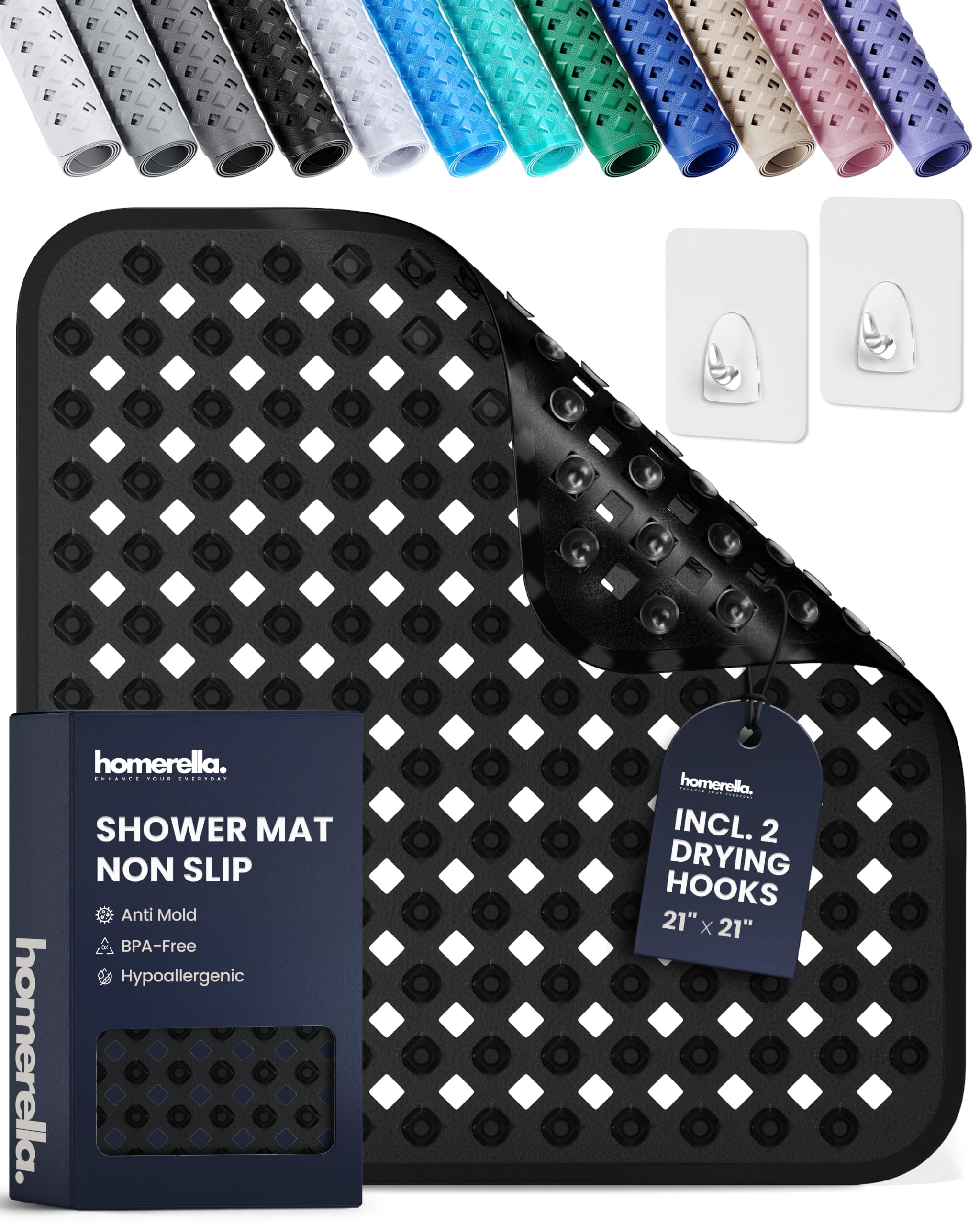 homerella Square Shower Mat Non Slip Anti Mold 21x21 Anti Slip Shower Mat