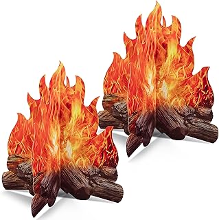 Novelty Place 2 Set Fake Fire Cardboard Decoration 12 X 10.5 Inch - 3D Paper Flame Campfire Centerpieces, Realistic Fire Props for Camping, Christmas, Birthday, and Party Table Decorations