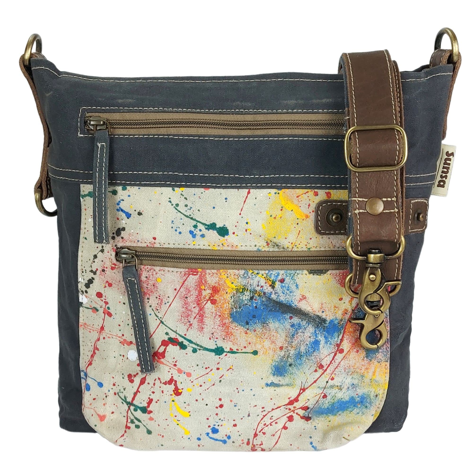 SunsaWomen's Canvas & Leather Shoulder Bag with Multiple Compartments, Blue / Multi-Coloured, M