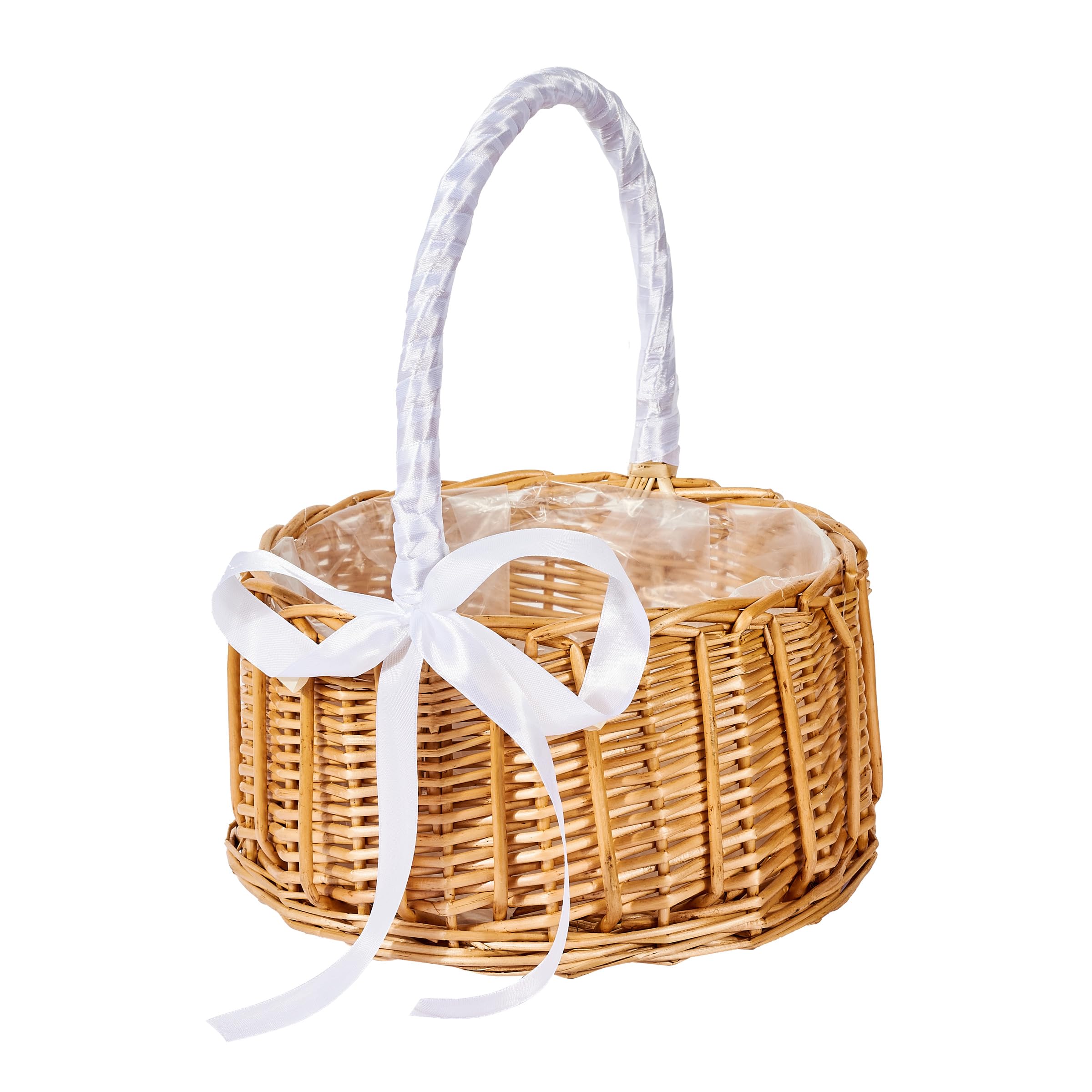 ADEPTNA Wicker Rattan Flower Basket with Handle - Wedding Flower Girl Handmade with Bow - Woven Eggs Candy Basket for Wedding Party, Easter, Christmas Home Decoration (LARGE - 24cm diameter)