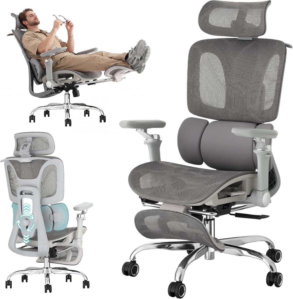 Ergonomic Mesh Office Chair with 3-Zone Dynamic Lumbar Support, Big and Tall Office Chair with Footrest, Adjustable Seat Depth,4D Headrest,6D Armrests, Swivel Executive Chair for Home Office,Grey