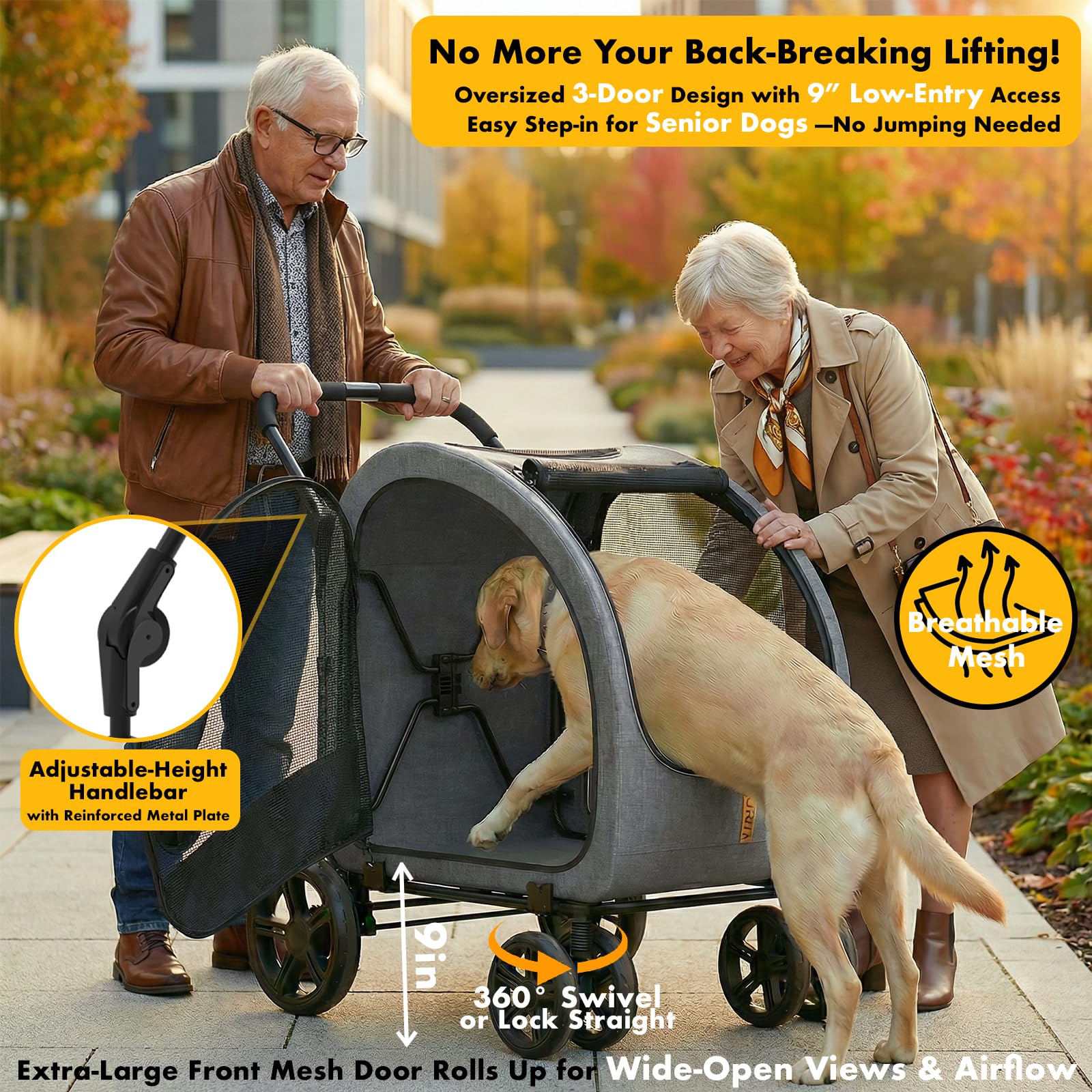 PAWZIDEA Passeggino per cani di grandi dimensioni, extra large, con trasportino staccabile, fino a 50 kg (grigio)