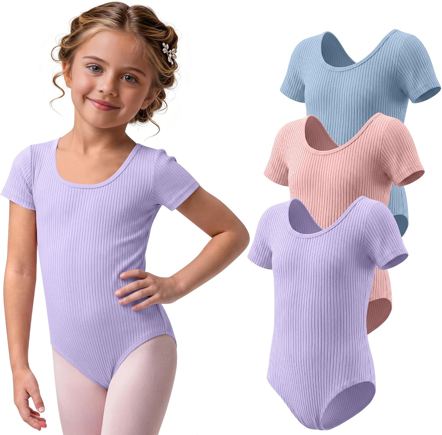 3 Pack Gymnastics Leotards for Girls 92% Cotton Toddler Ballet Short Sleeve Bodysuits Kids Dance Outfits 2-14 Years